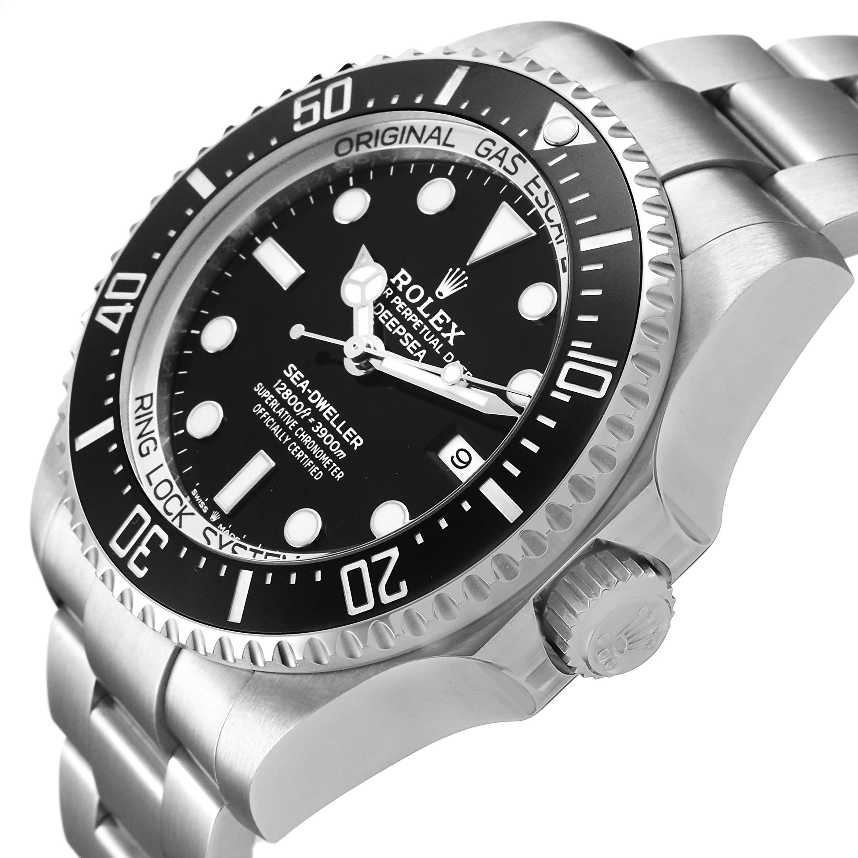 The Rolex Sea-Dweller 126660 Men's Stainless Steel Black Dial watch is shown at an angled side view, highlighting the dial, bezel, crown, and bracelet.