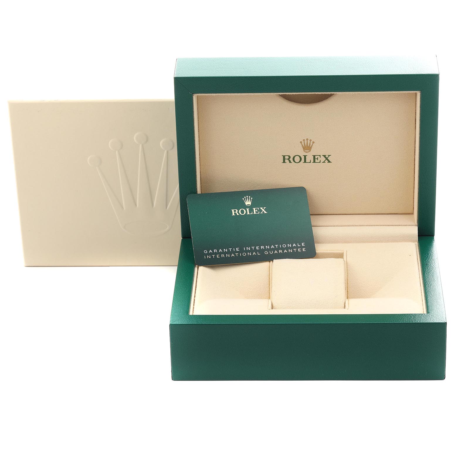 The image shows a Rolex Submariner 126610LN Men's Stainless Steel Black Dial 126610LN Men's Stainless Steel Black Dial box, warranty card, and outer cover from a frontal angle.