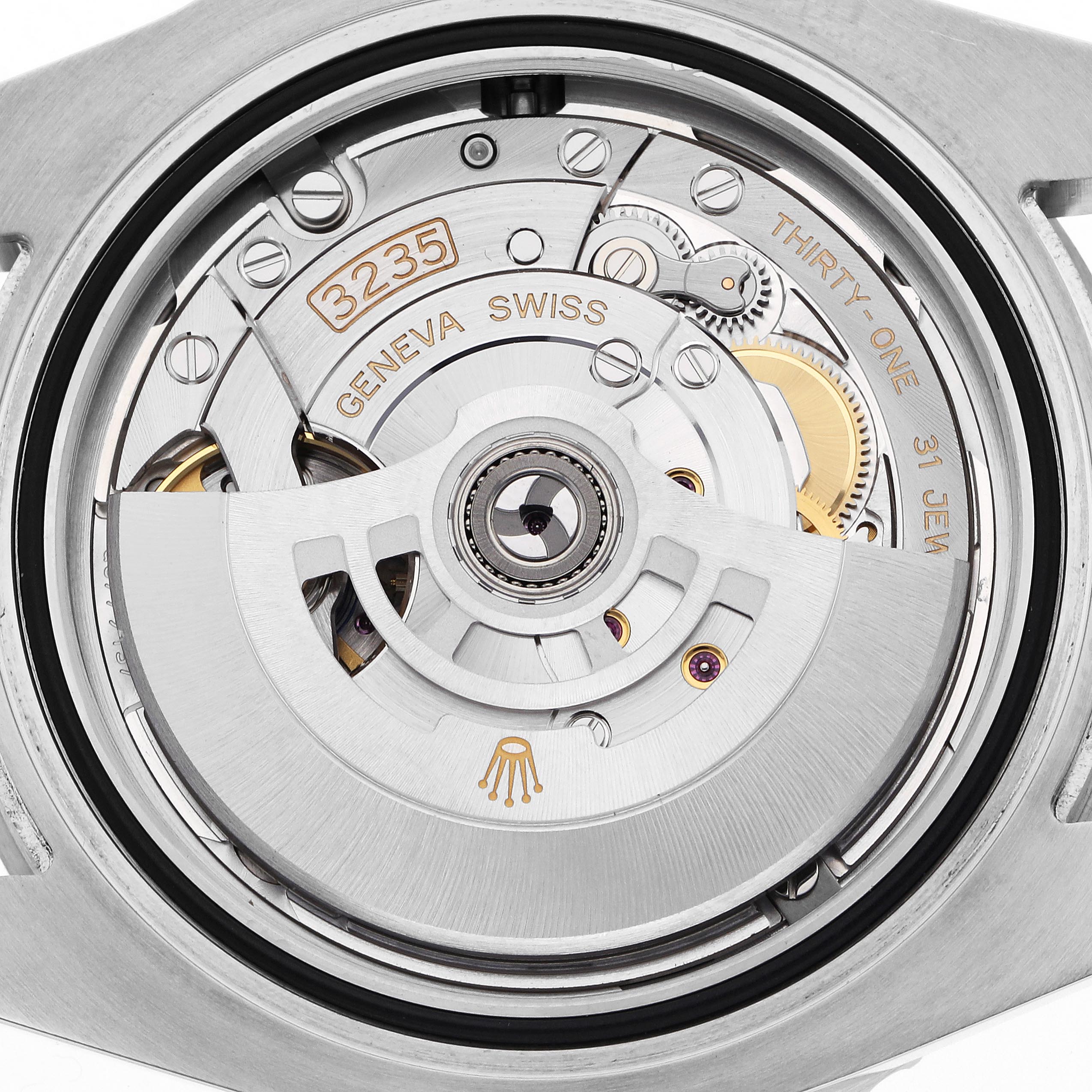 The image shows a detailed view of the Rolex Submariner 126610LN Men's Stainless Steel Black Dial 126610LN Men's Stainless Steel Black Dial's movement with the rotor and internal mechanisms visible.