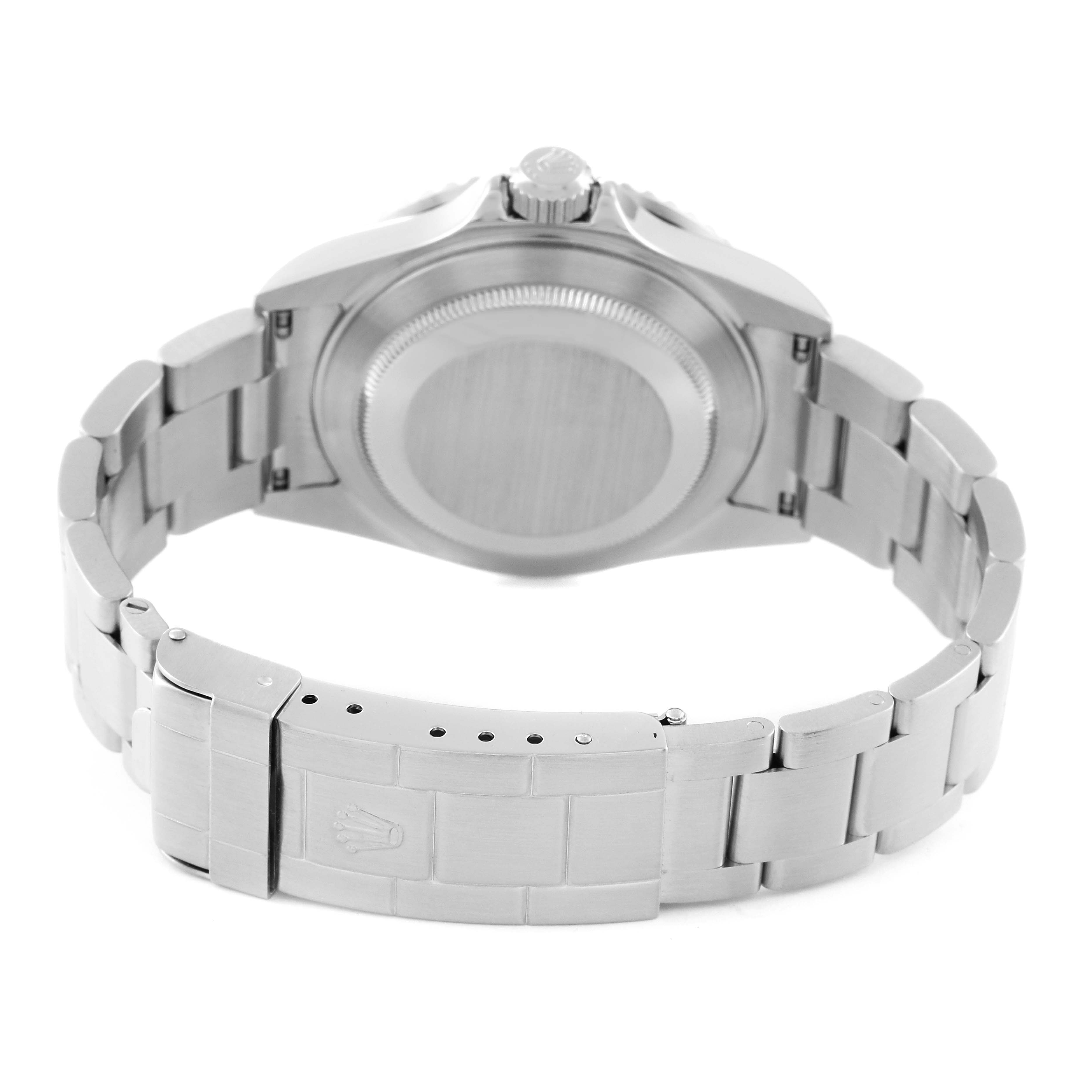 This image shows the back of a Rolex Submariner 16610 Men's Stainless Steel Black Dial 16610 Men's Stainless Steel Black Dial watch, highlighting the caseback and bracelet clasp.