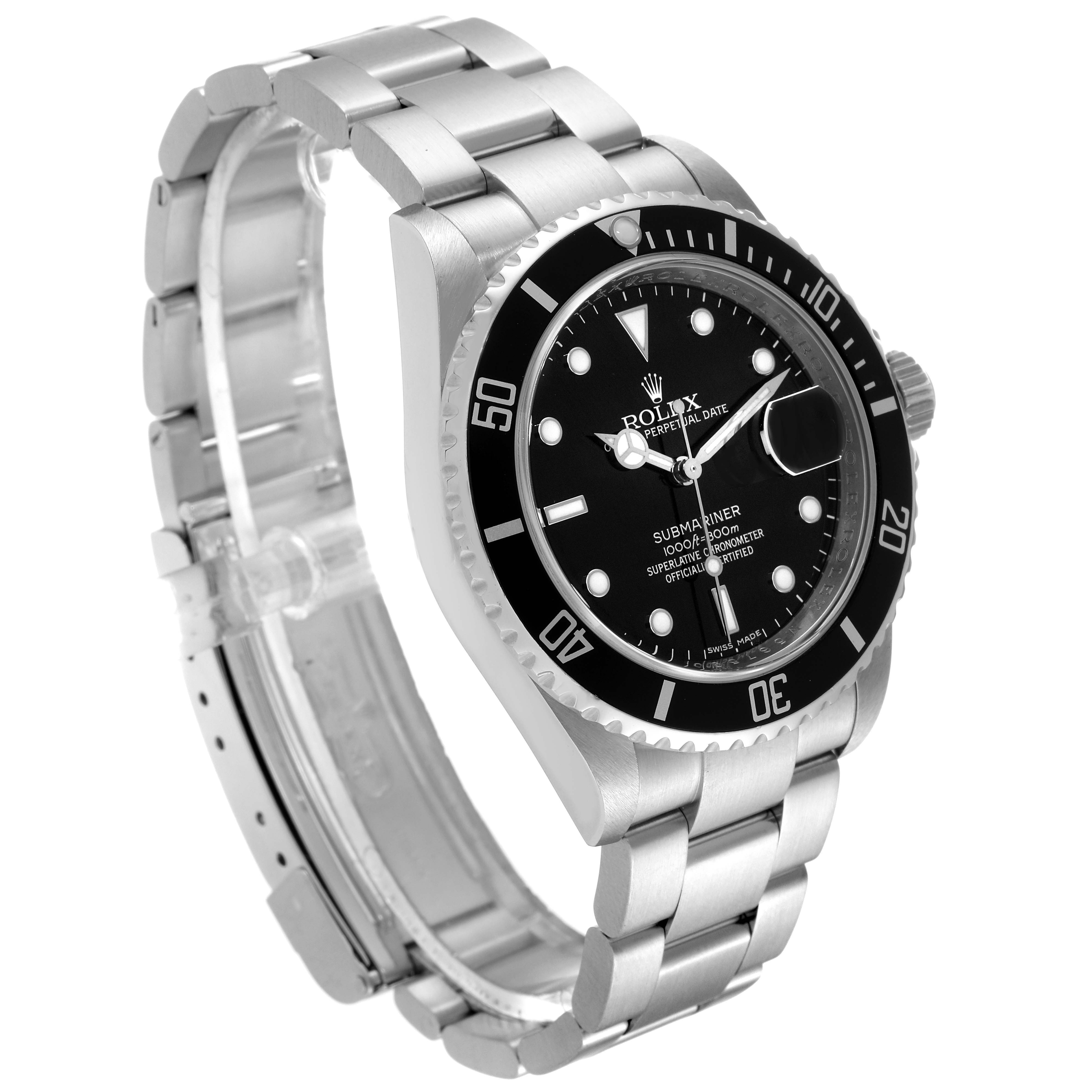 The image shows a Rolex Submariner 16610 Men's Stainless Steel Black Dial 16610 Men's Stainless Steel Black Dial watch at a three-quarter angle, highlighting its bezel, dial, and metal bracelet.