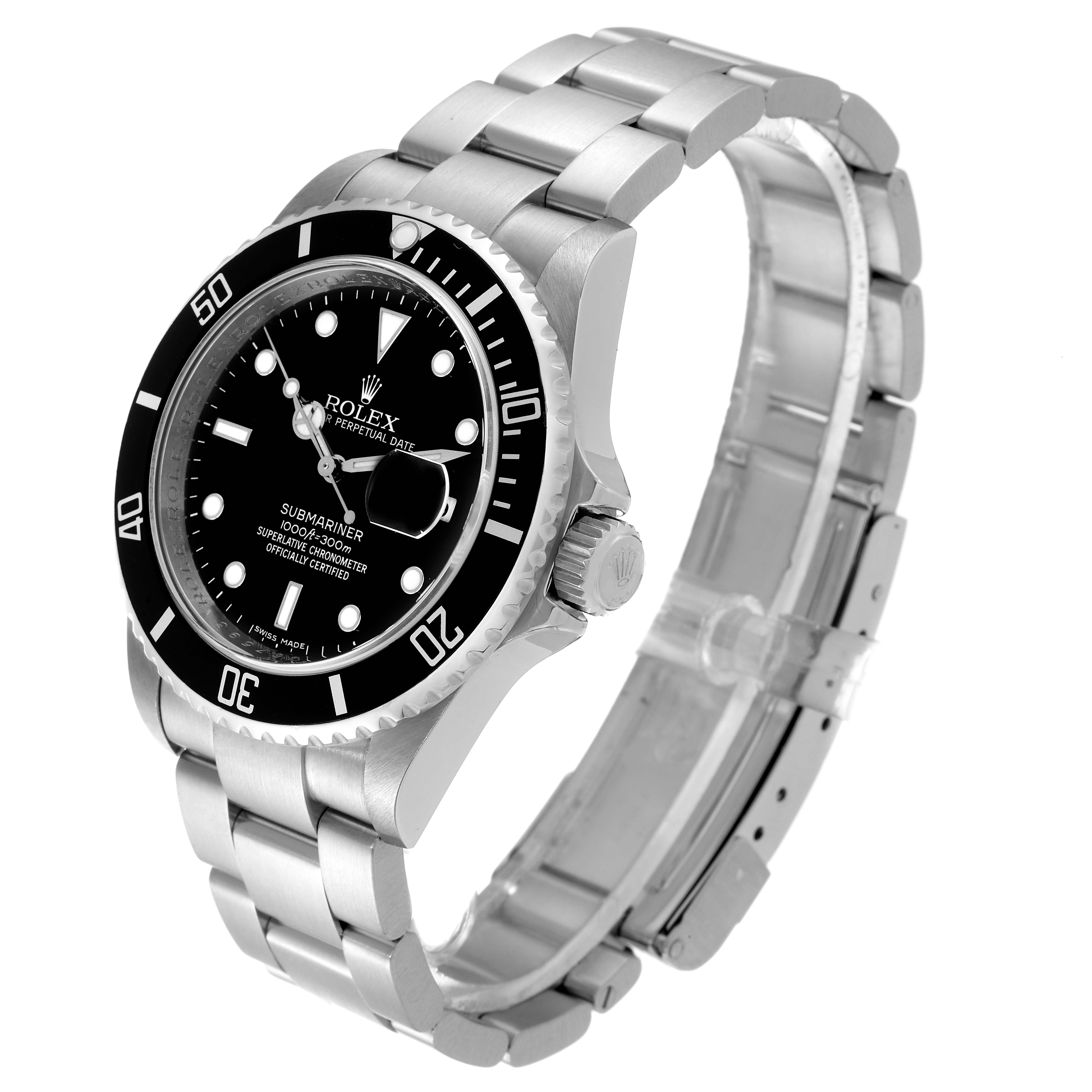 This image shows a side perspective of a Rolex Submariner 16610 Men's Stainless Steel Black Dial 16610 Men's Stainless Steel Black Dial watch, highlighting the dial, bezel, crown, and bracelet.