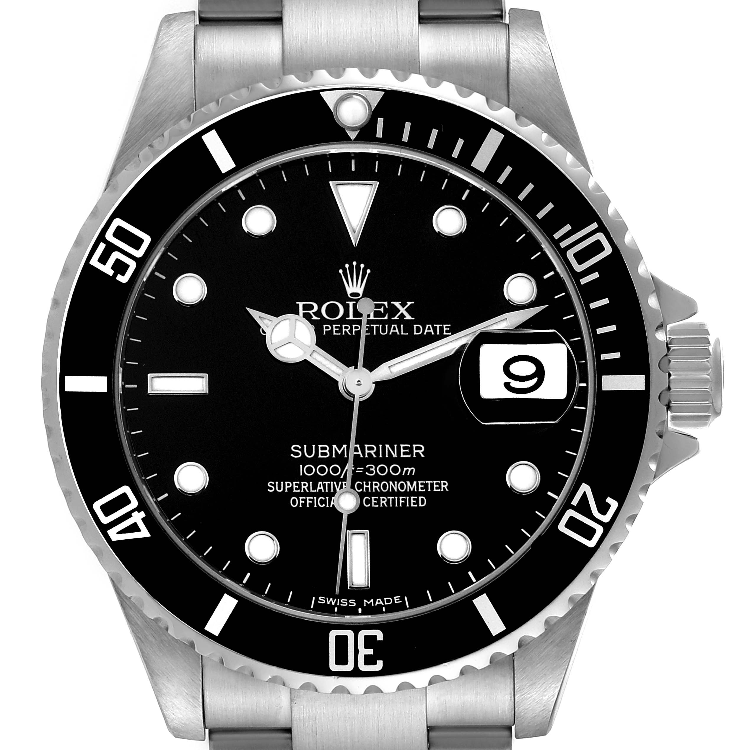 This image shows a front view of the face of a Rolex Submariner 16610 Men's Stainless Steel Black Dial 16610 Men's Stainless Steel Black Dial watch, highlighting the dial, hands, bezel, and date window.