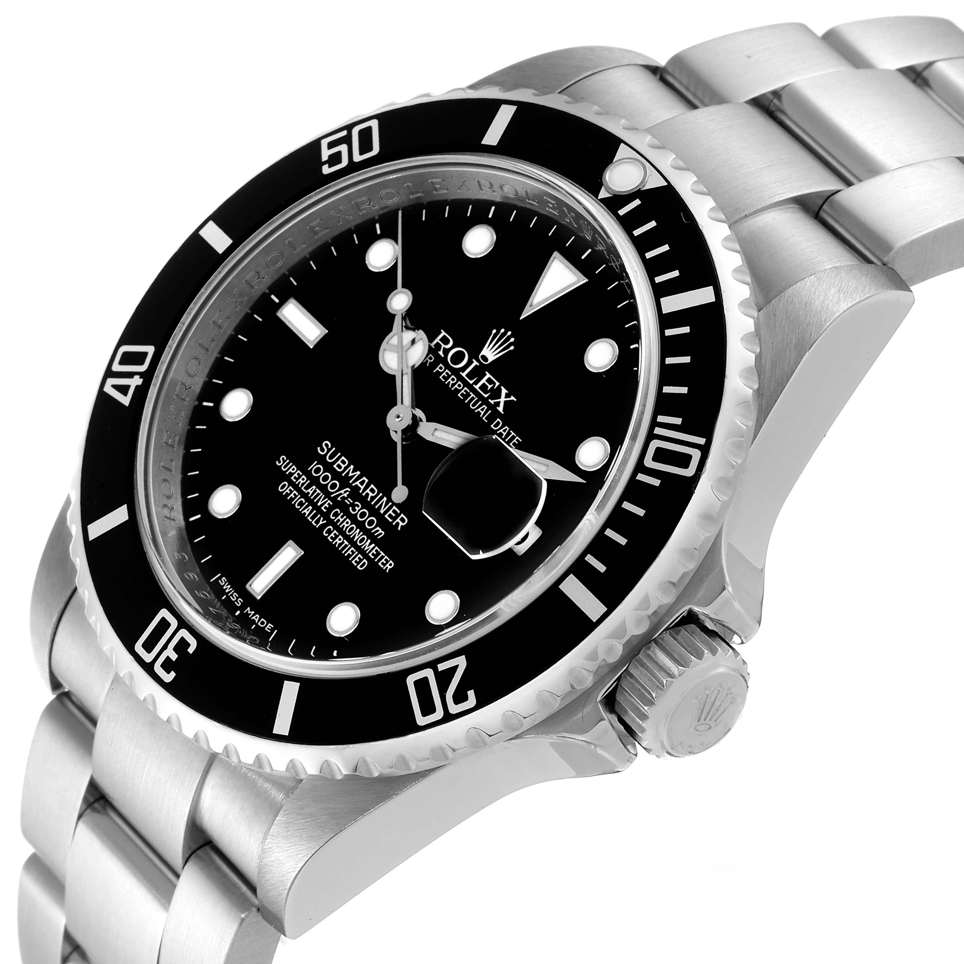 The image shows a Rolex Submariner 16610 Men's Stainless Steel Black Dial 16610 Men's Stainless Steel Black Dial watch at an angled view, displaying its dial, bezel, and part of the bracelet.