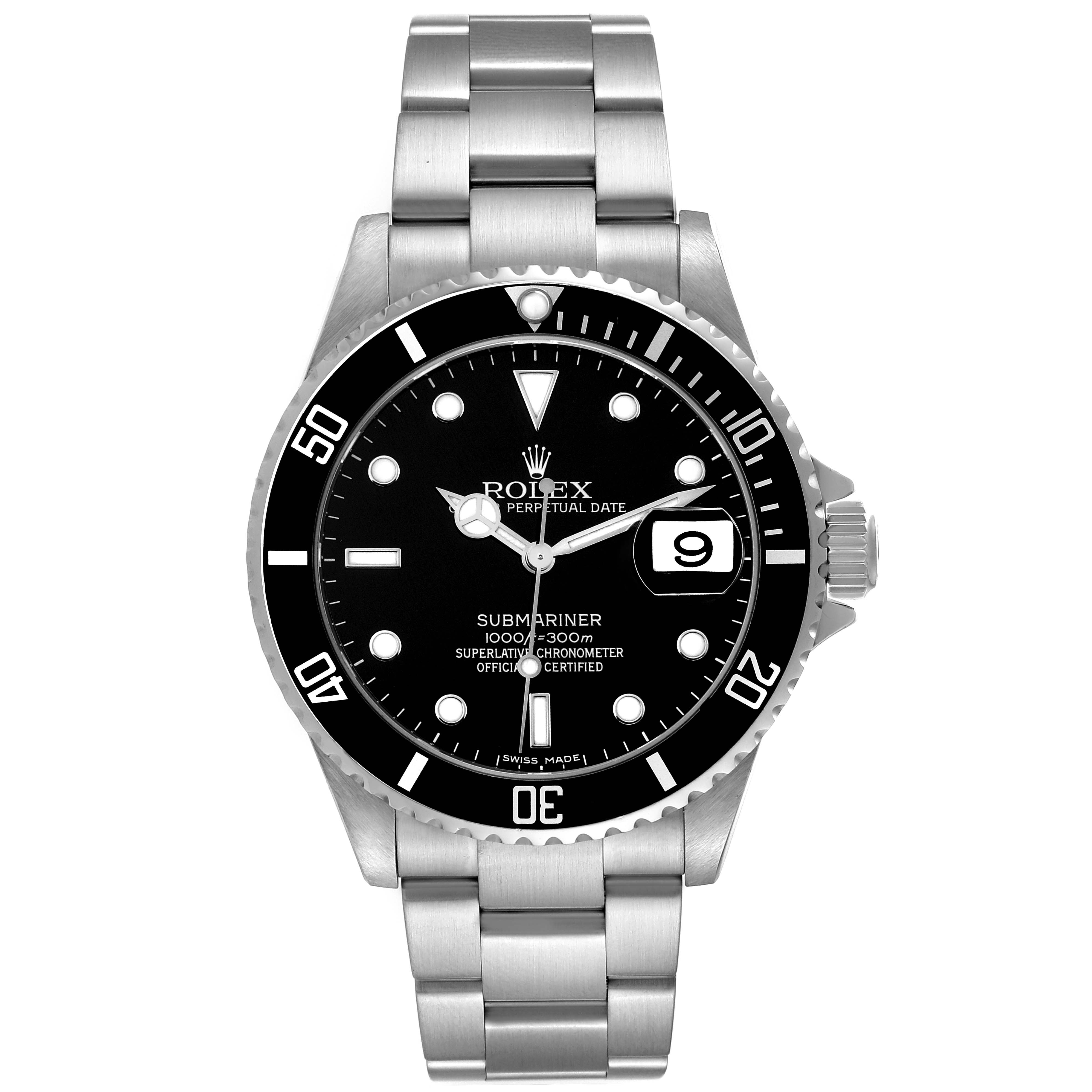 This image shows a straight-on view of the Rolex Submariner 16610 Men's Stainless Steel Black Dial 16610 Men's Stainless Steel Black Dial watch, highlighting its dial, bezel, and bracelet.