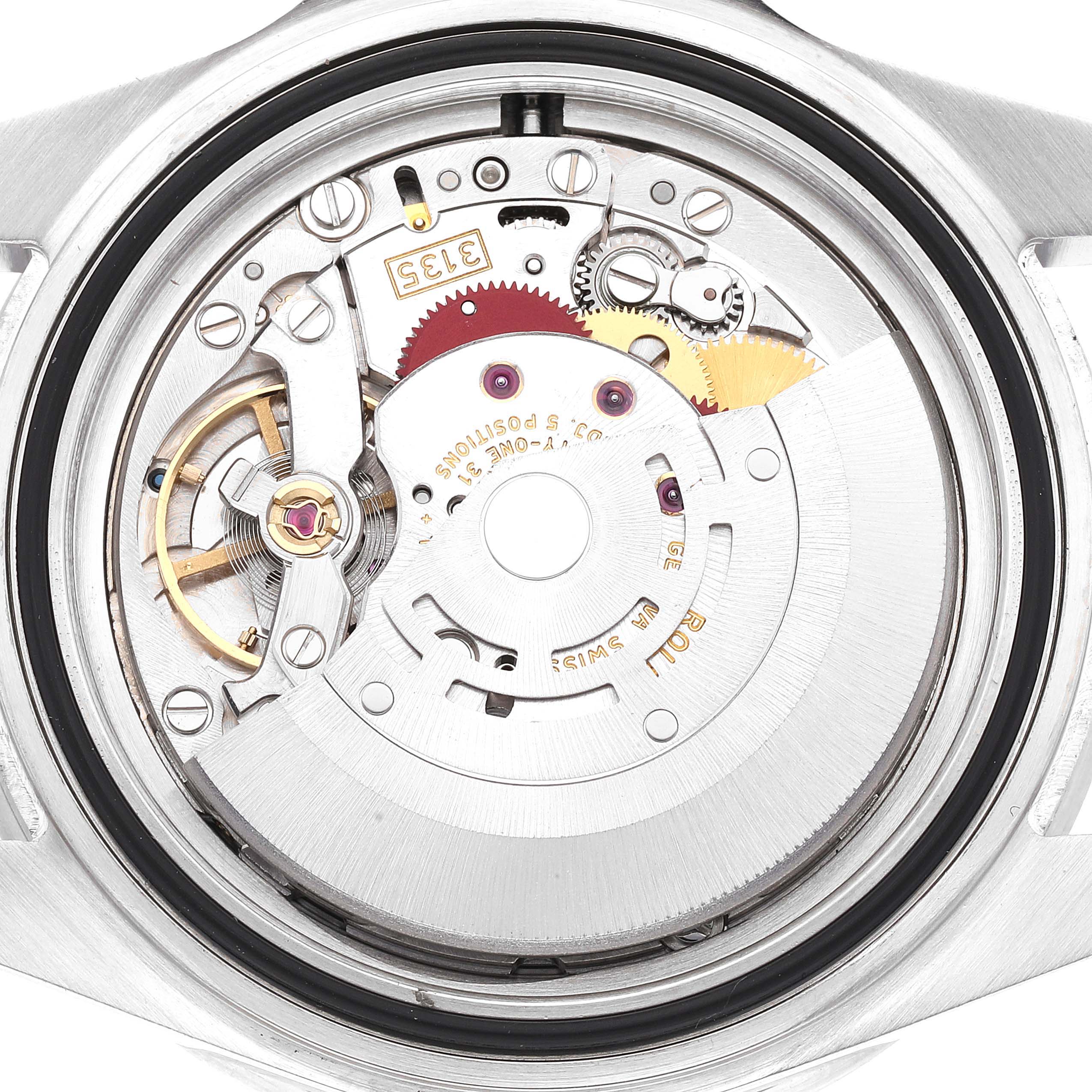 This image shows the inner mechanics and movement of a Rolex Submariner 16610 Men's Stainless Steel Black Dial 16610 Men's Stainless Steel Black Dial watch from a top-down angle.