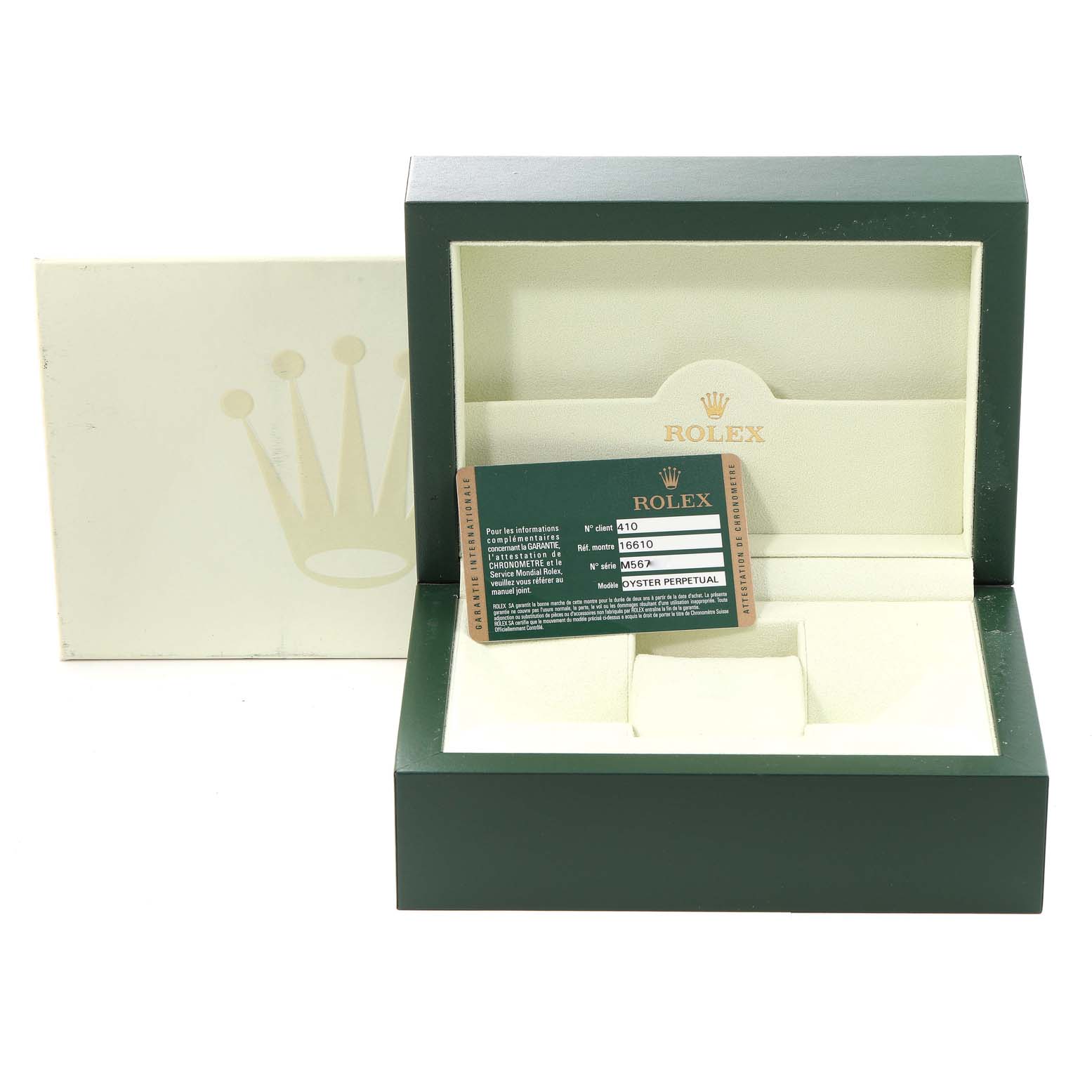 The image shows the packaging, warranty card, and box for a Rolex Submariner 16610 Men's Stainless Steel Black Dial 16610 Men's Stainless Steel Black Dial watch from a front angle.