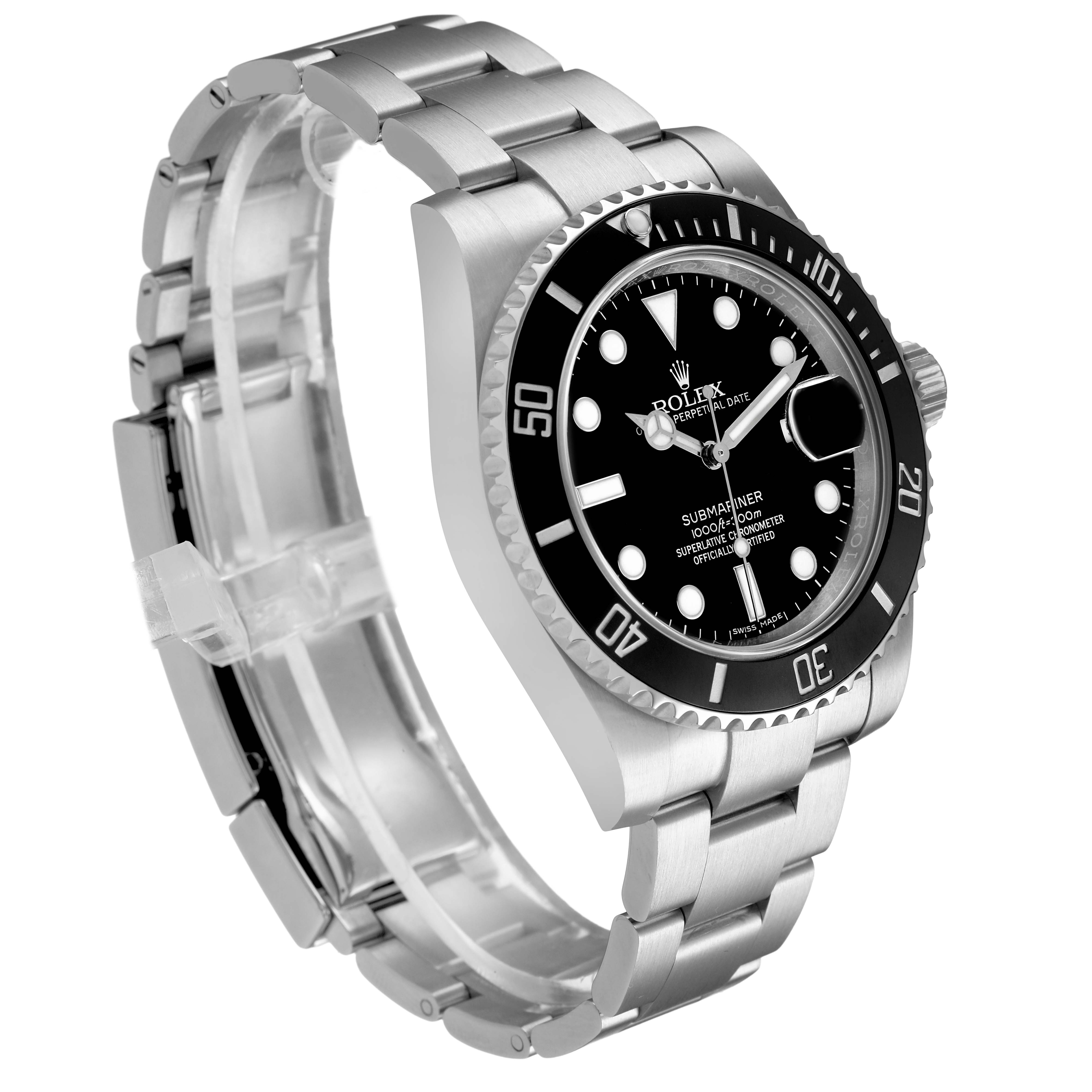 The Rolex Submariner 116610 Men's Stainless Steel Black Dial watch is shown from a three-quarter angle, displaying the bracelet, bezel, dial, and crown.