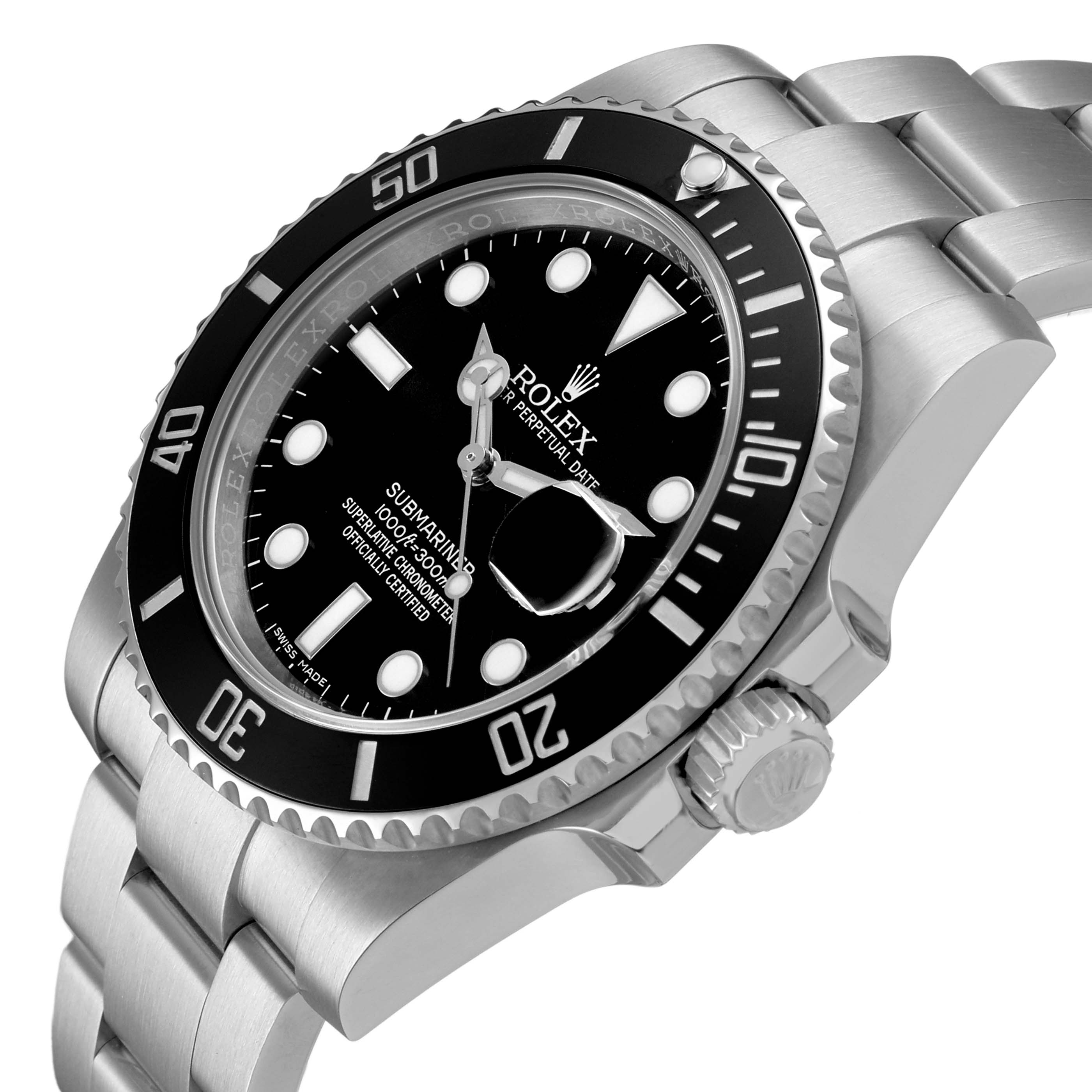 The Rolex Submariner 116610 Men's Stainless Steel Black Dial watch is shown at a three-quarter angle, highlighting the dial, bezel, bracelet, and crown.