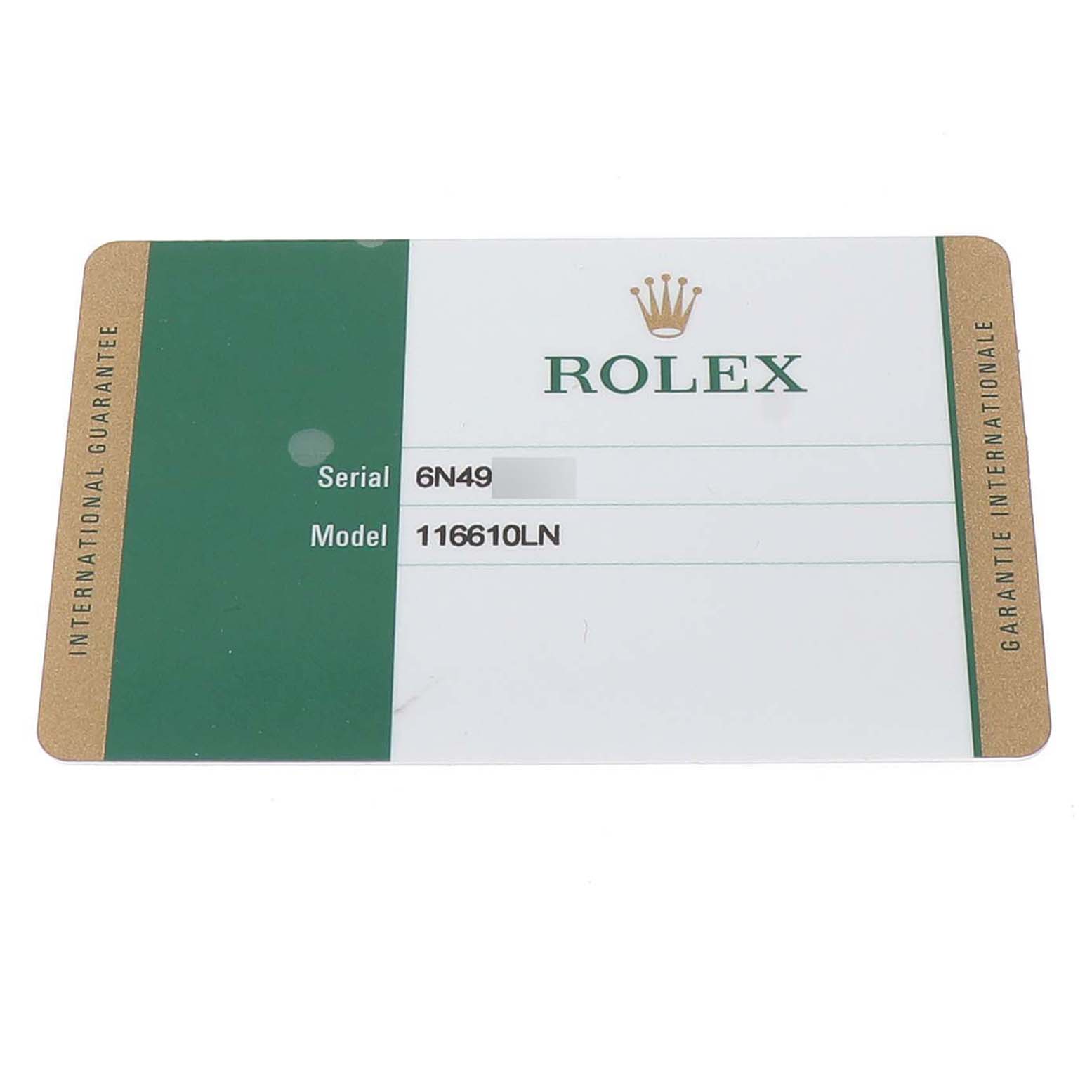 The image shows a close-up of a Rolex Submariner 116610 Men's Stainless Steel Black Dial guarantee card, displaying the model number 116610LN.