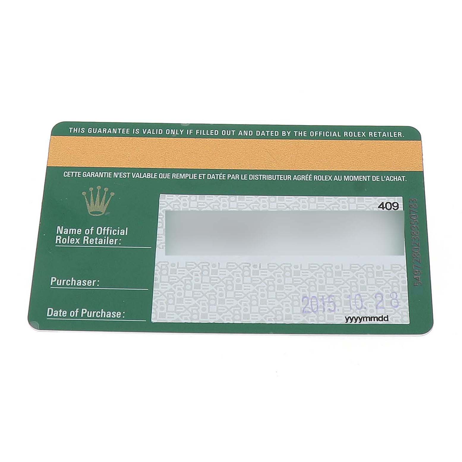 The image shows a guarantee card for a Rolex Submariner 116610 Men's Stainless Steel Black Dial, viewed from the front.