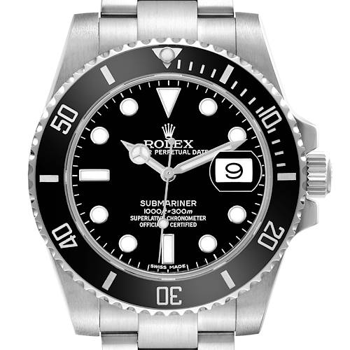 The image shows a frontal view of the Rolex Submariner 116610 Men's Stainless Steel Black Dial, displaying the dial, bezel, crown, and part of the bracelet.
