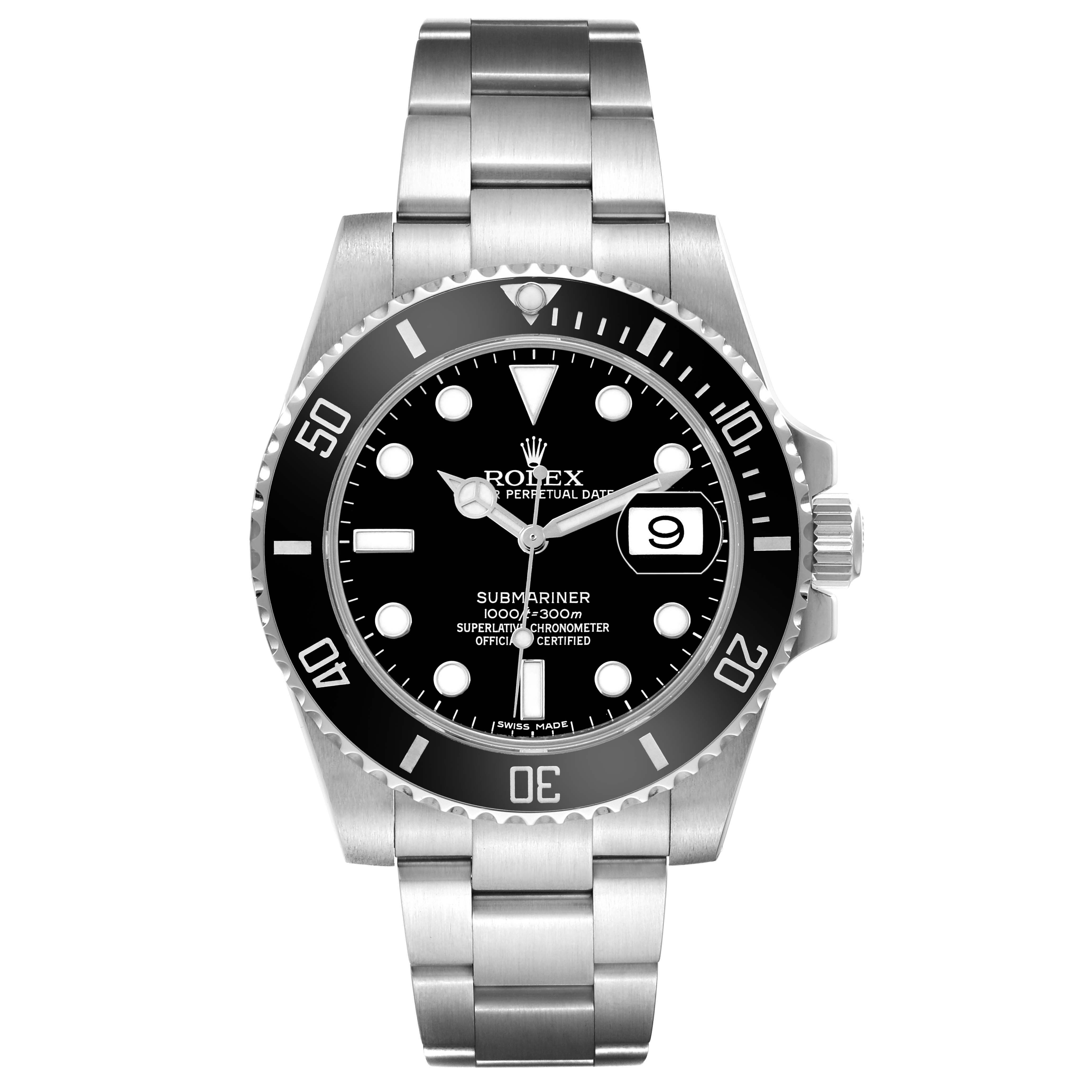 The image shows a frontal view of a Rolex Submariner 116610 Men's Stainless Steel Black Dial, highlighting its bezel, dial, bracelet, and date feature.
