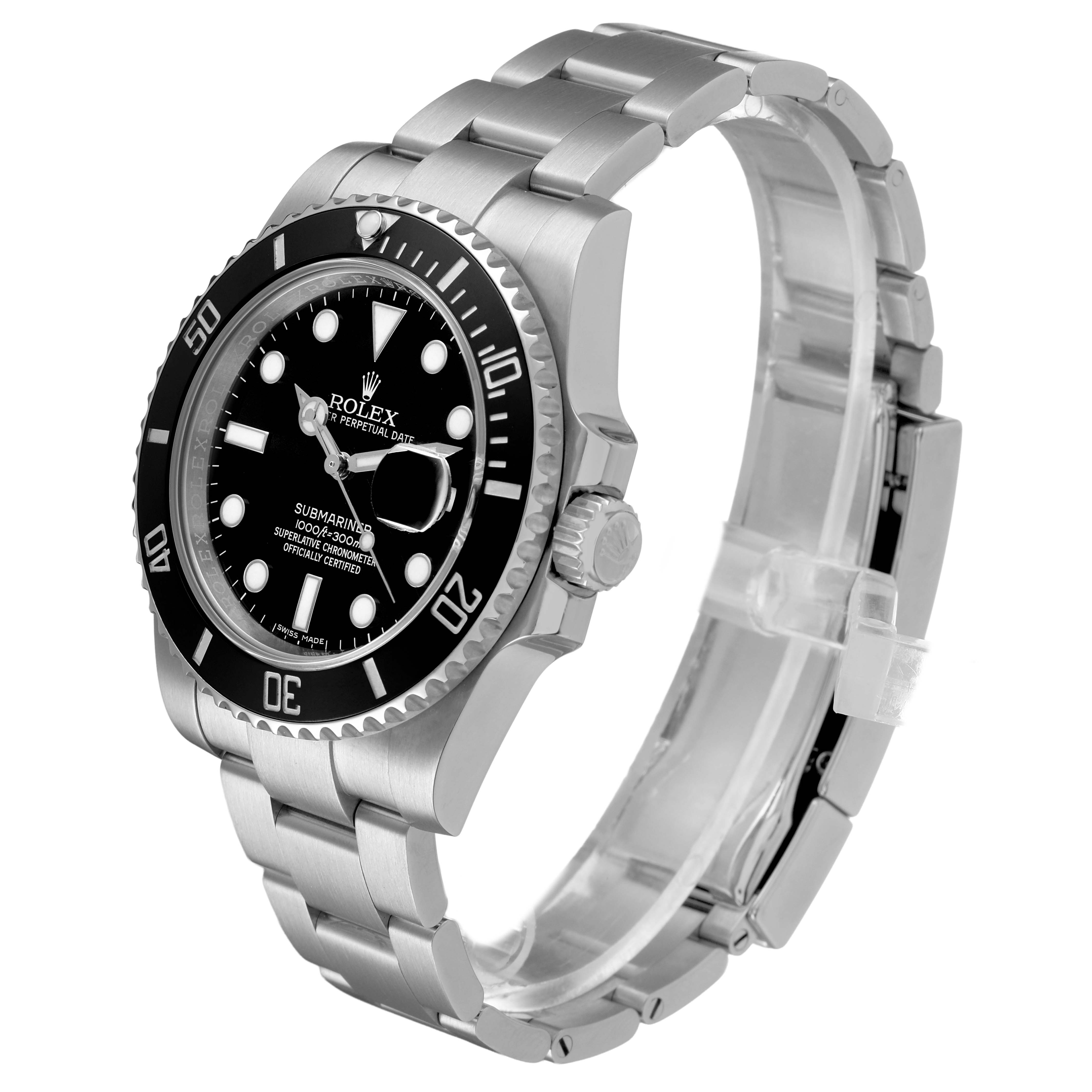 The Rolex Submariner 116610 Men's Stainless Steel Black Dial watch is shown at a side angle, displaying the case, bezel, and bracelet.
