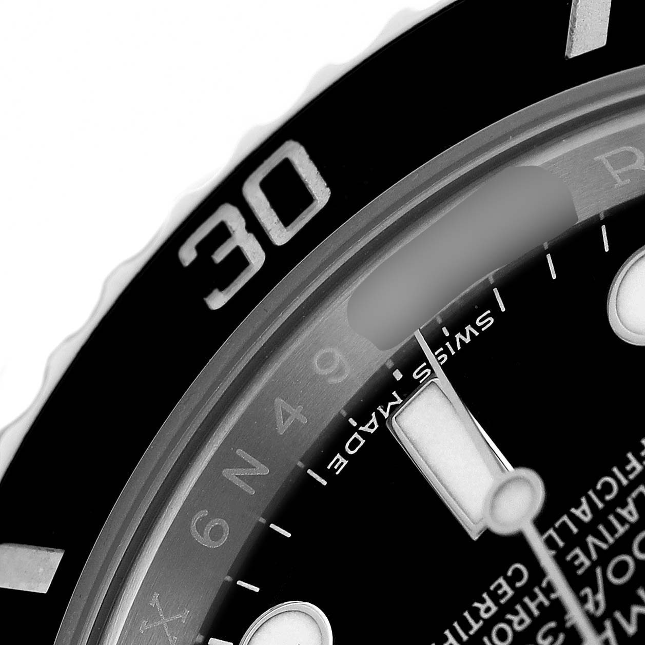 The image shows a close-up of the bezel and dial of a Rolex Submariner 116610 Men's Stainless Steel Black Dial, highlighting the "30" marking.