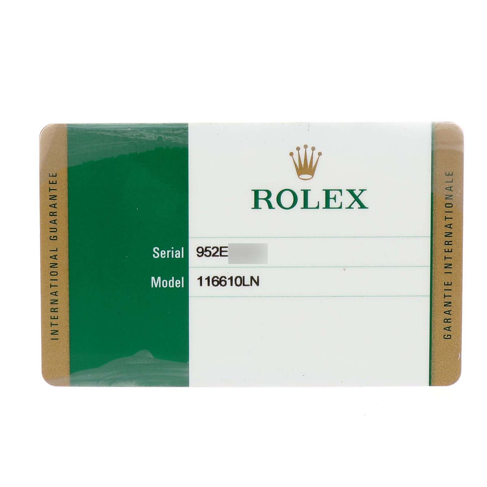 The image shows the international guarantee card for the Rolex Submariner 116610LN Men's Stainless Steel Black Dial model 116610LN.