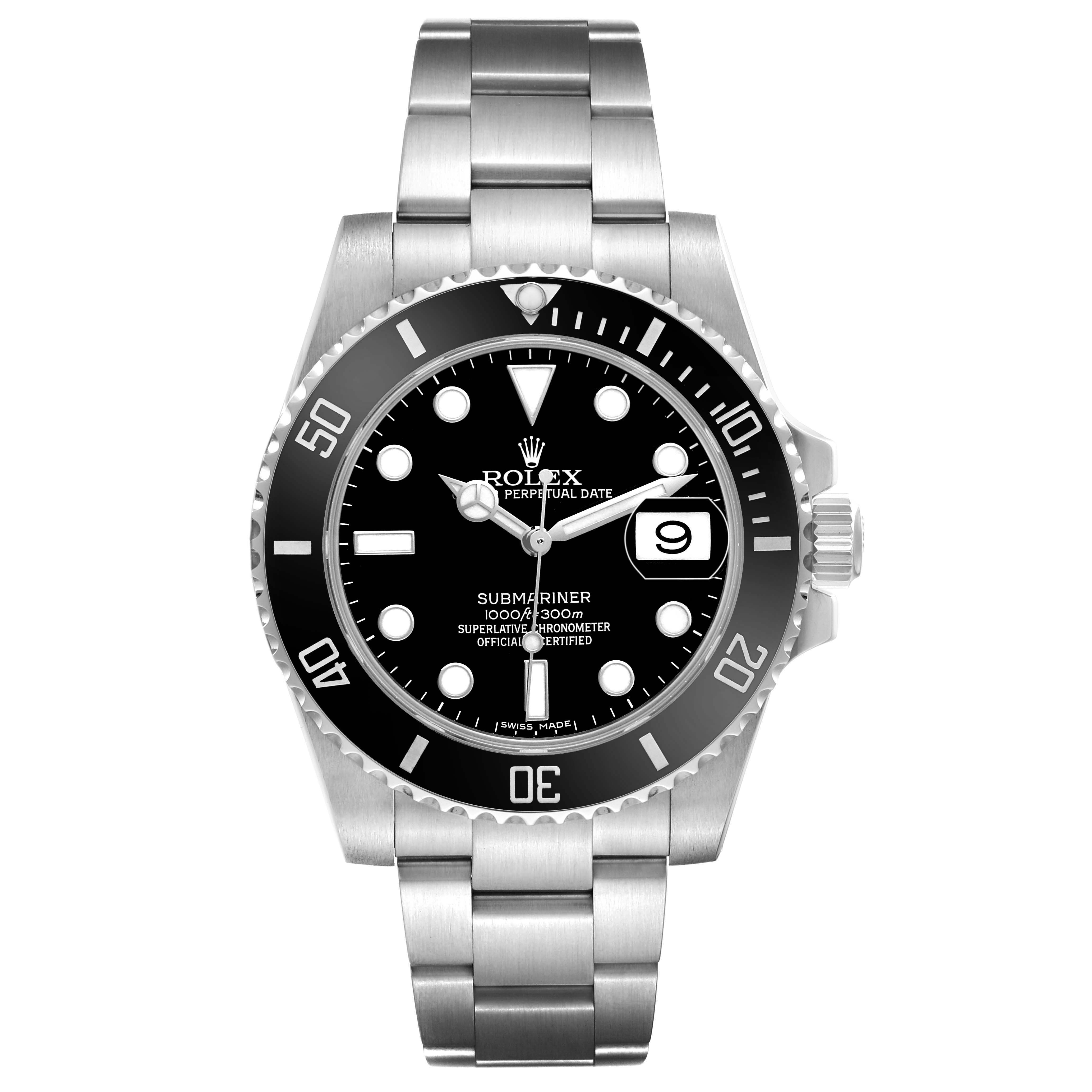 The Rolex Submariner 116610LN Men's Stainless Steel Black Dial is shown from a front angle, displaying the bezel, dial, and bracelet.