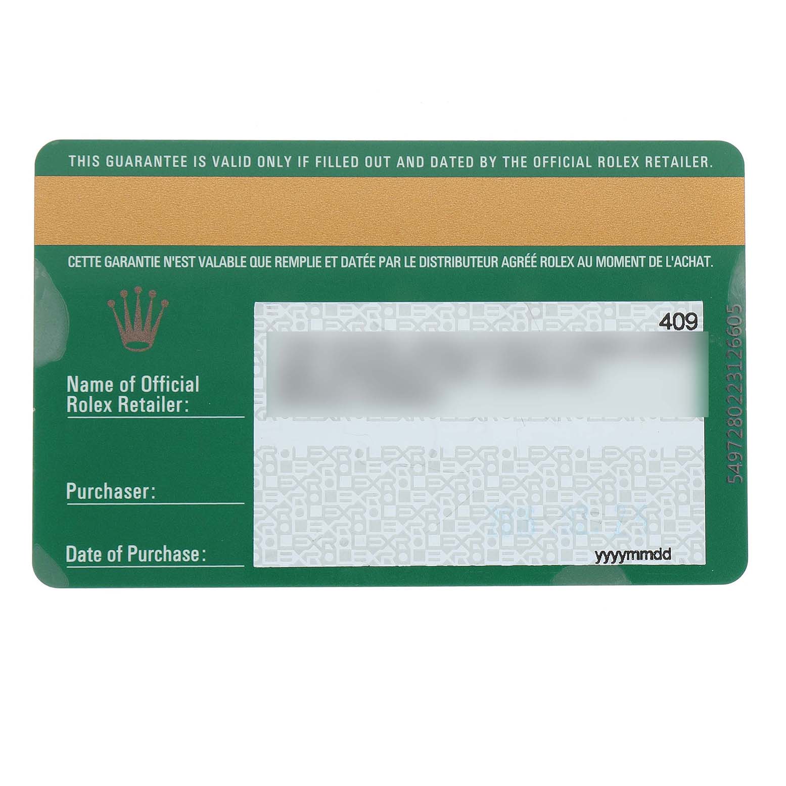 The image shows a warranty card for a Rolex Submariner 116610LN Men's Stainless Steel Black Dial watch, featuring brand details and retailer information fields.