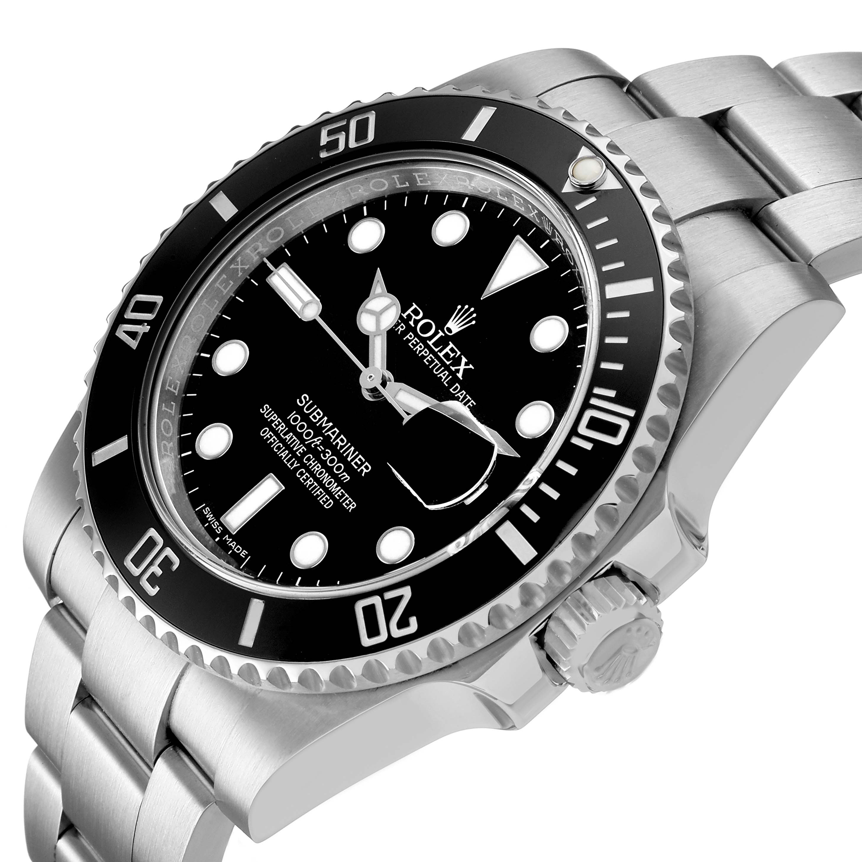 The Rolex Submariner 116610LN Men's Stainless Steel Black Dial watch is shown from a side angle, highlighting the bezel, crown, and bracelet.