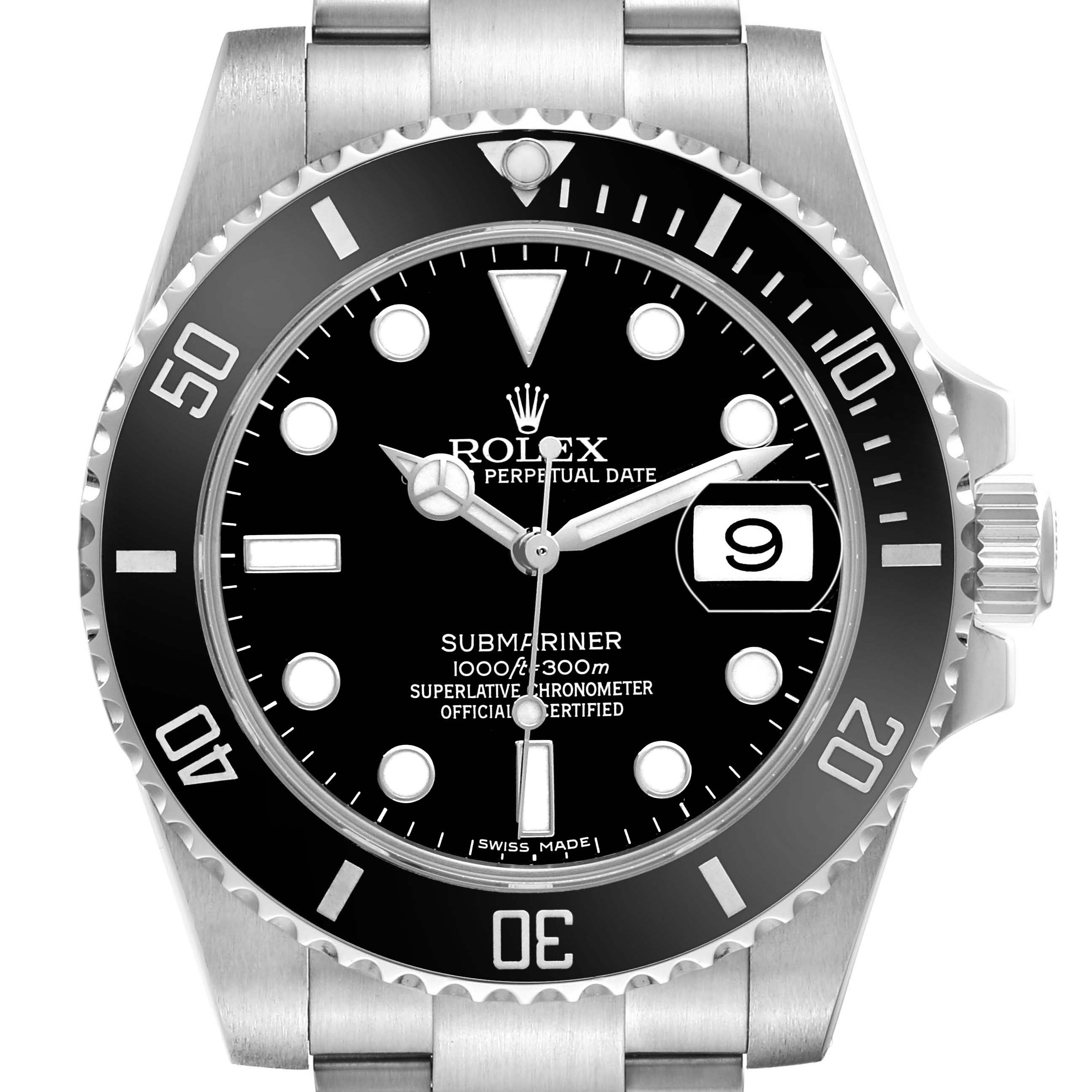 The image shows a frontal view of the Rolex Submariner 116610LN Men's Stainless Steel Black Dial watch, highlighting the dial, bezel, and date window.