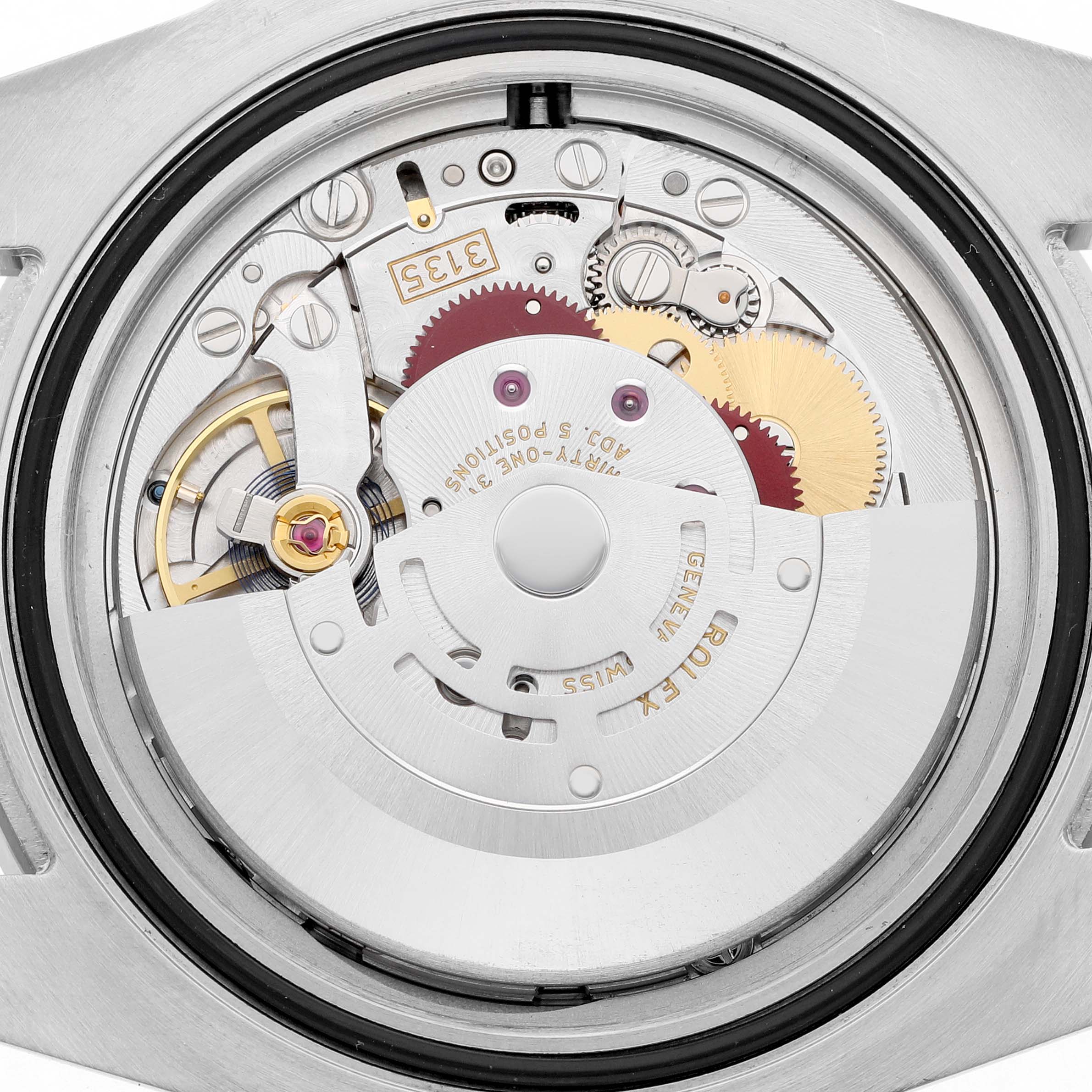 The image shows the movement of a Rolex Submariner 116610LN Men's Stainless Steel Black Dial, focusing on its intricate inner mechanisms from the back.