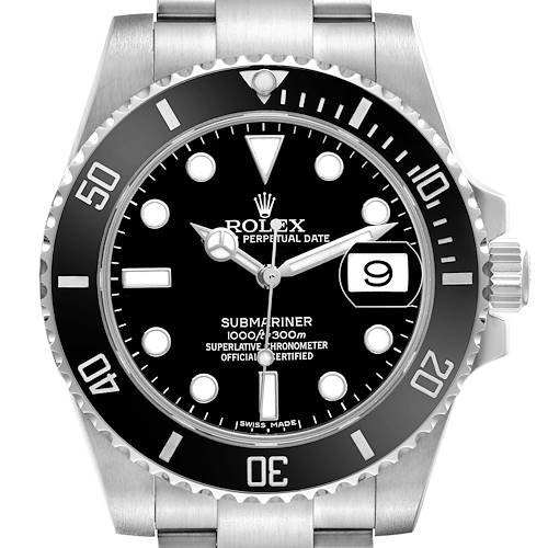 The Rolex Submariner 116610LN Men's Stainless Steel Black Dial watch is shown from a frontal angle, highlighting the dial, bezel, and part of the bracelet.