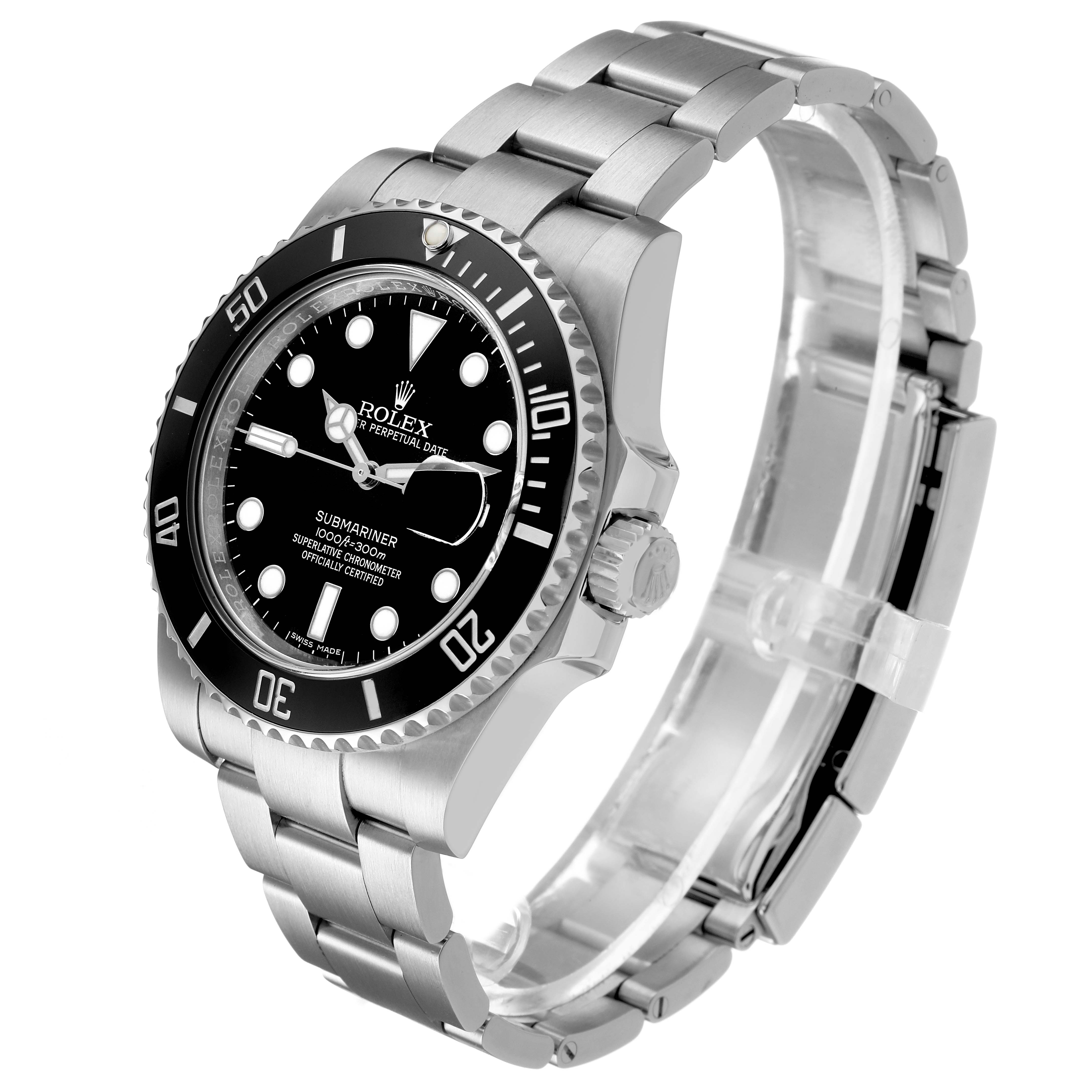 The Rolex Submariner 116610LN Men's Stainless Steel Black Dial watch is shown at a three-quarter angle, highlighting the bezel, dial, crown, and bracelet.