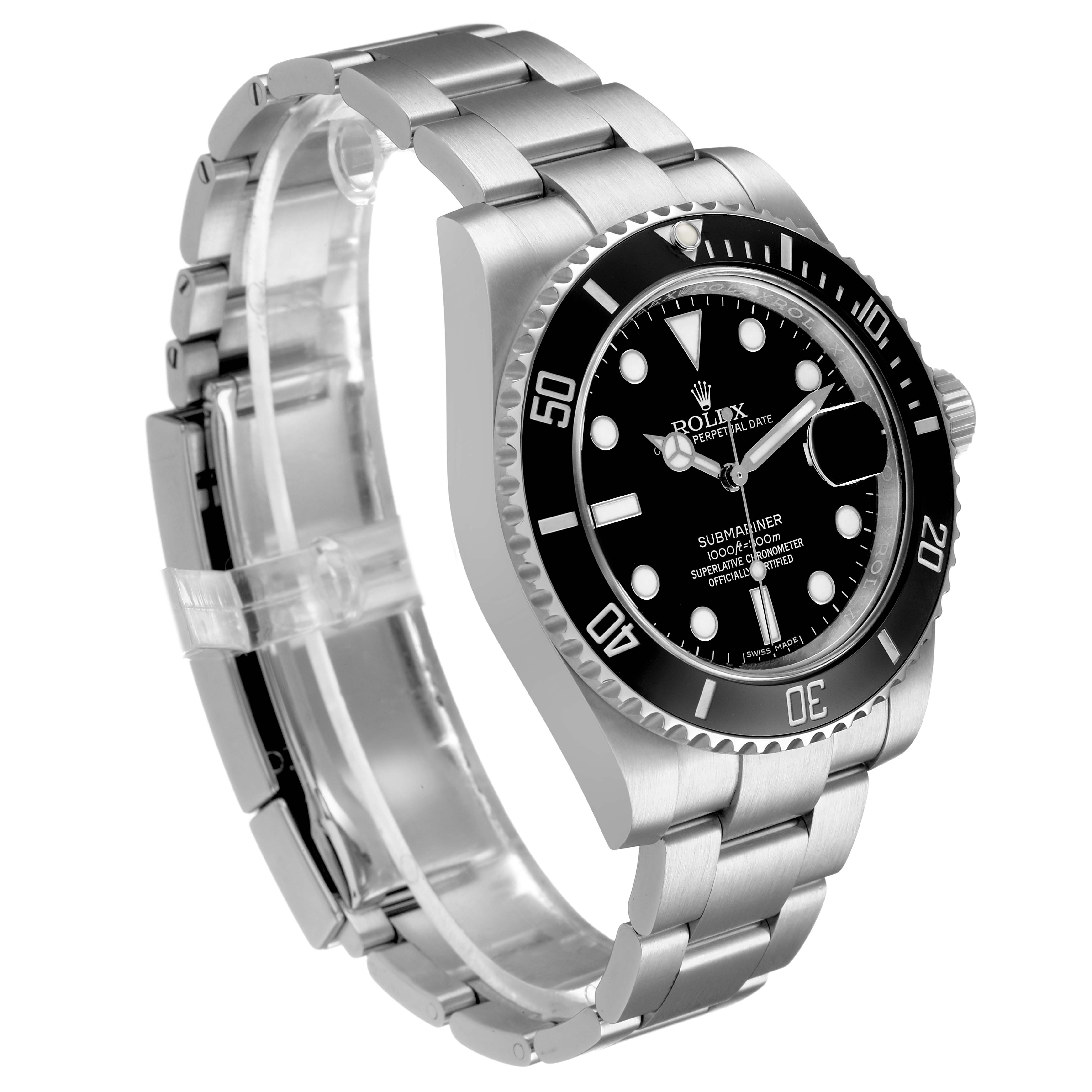 The Rolex Submariner 116610LN Men's Stainless Steel Black Dial is shown at a three-quarter angle, highlighting the bezel, dial, and bracelet.