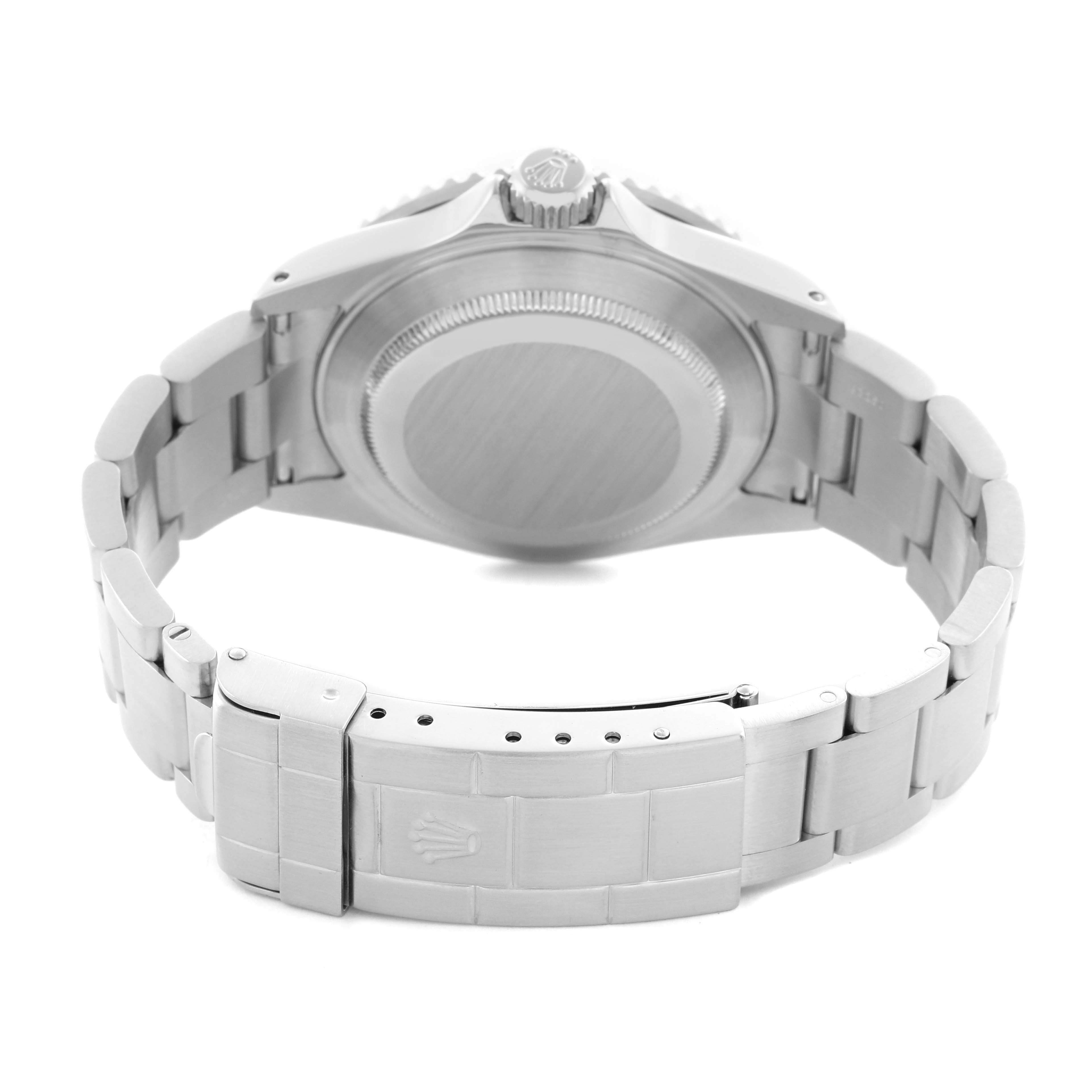 The image shows the back and clasp of a Rolex Submariner 16610 Men's Stainless Steel Black Dial 16610 Men's Stainless Steel Black Dial, highlighting the bracelet and case back from a rear angle.