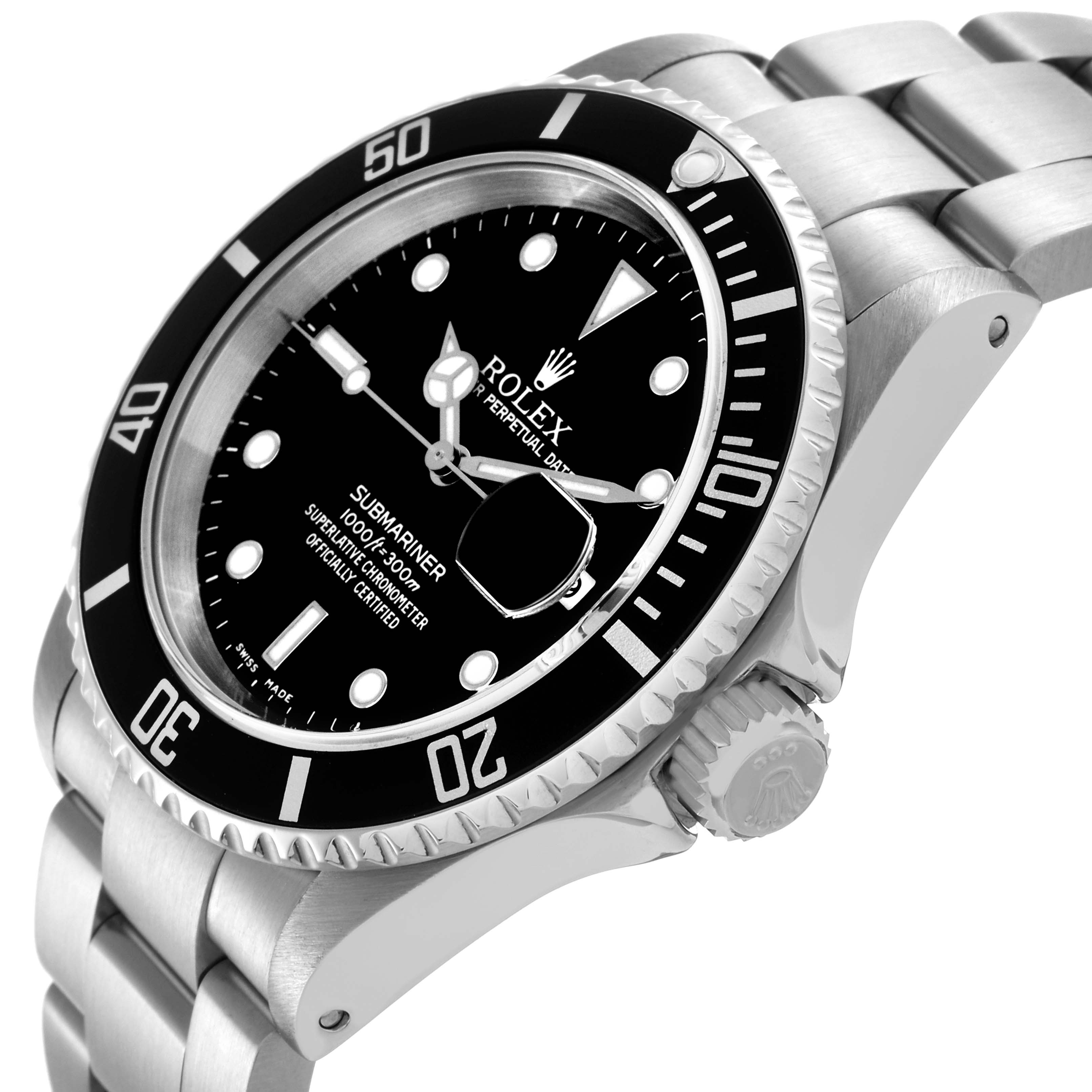 The Rolex Submariner 16610 Men's Stainless Steel Black Dial 16610 Men's Stainless Steel Black Dial watch is shown at a three-quarter angle, highlighting the dial, bezel, crown, and bracelet.