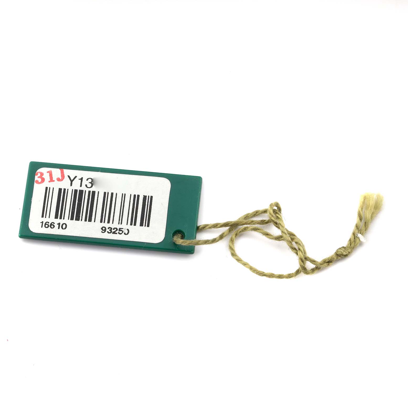 The image shows a green tag with a barcode for a Rolex Submariner 16610 Men's Stainless Steel Black Dial 16610 Men's Stainless Steel Black Dial watch, attached by a string.