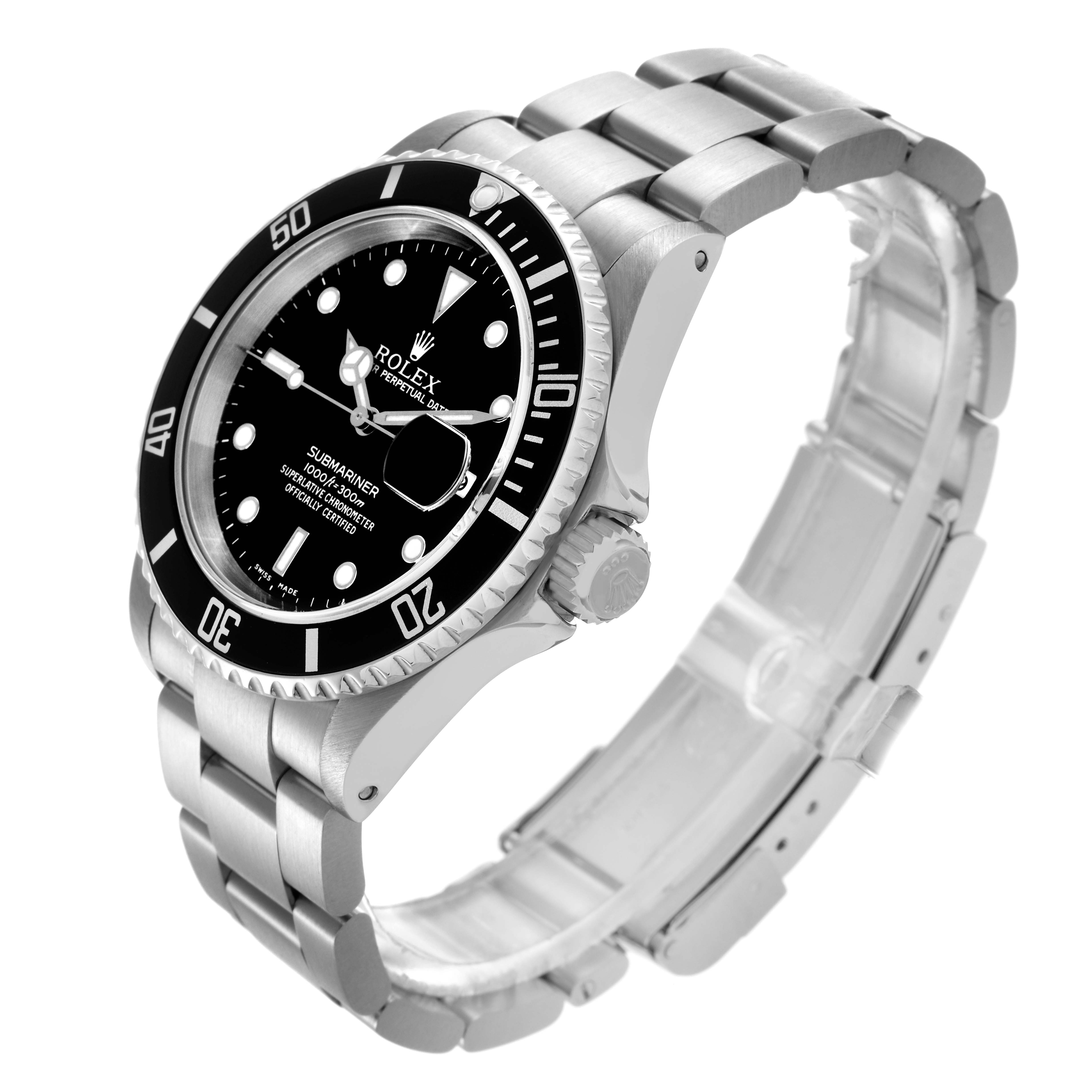 The Rolex Submariner 16610 Men's Stainless Steel Black Dial 16610 Men's Stainless Steel Black Dial watch is shown at an angle highlighting the dial, bezel, crown, and bracelet.