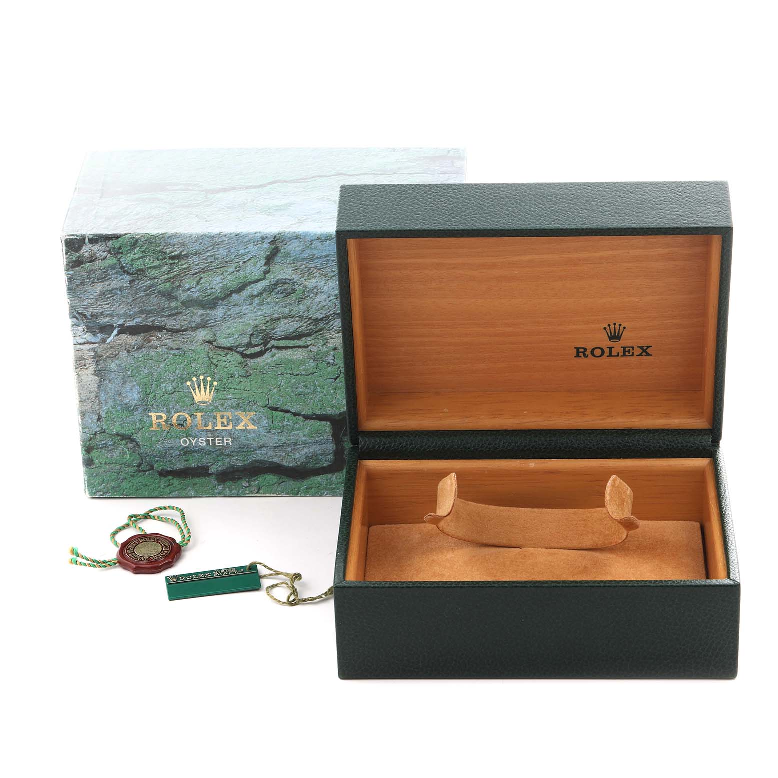 The image shows the open presentation box for a Rolex Submariner 16610 Men's Stainless Steel Black Dial 16610 Men's Stainless Steel Black Dial, including a tag and outer packaging.