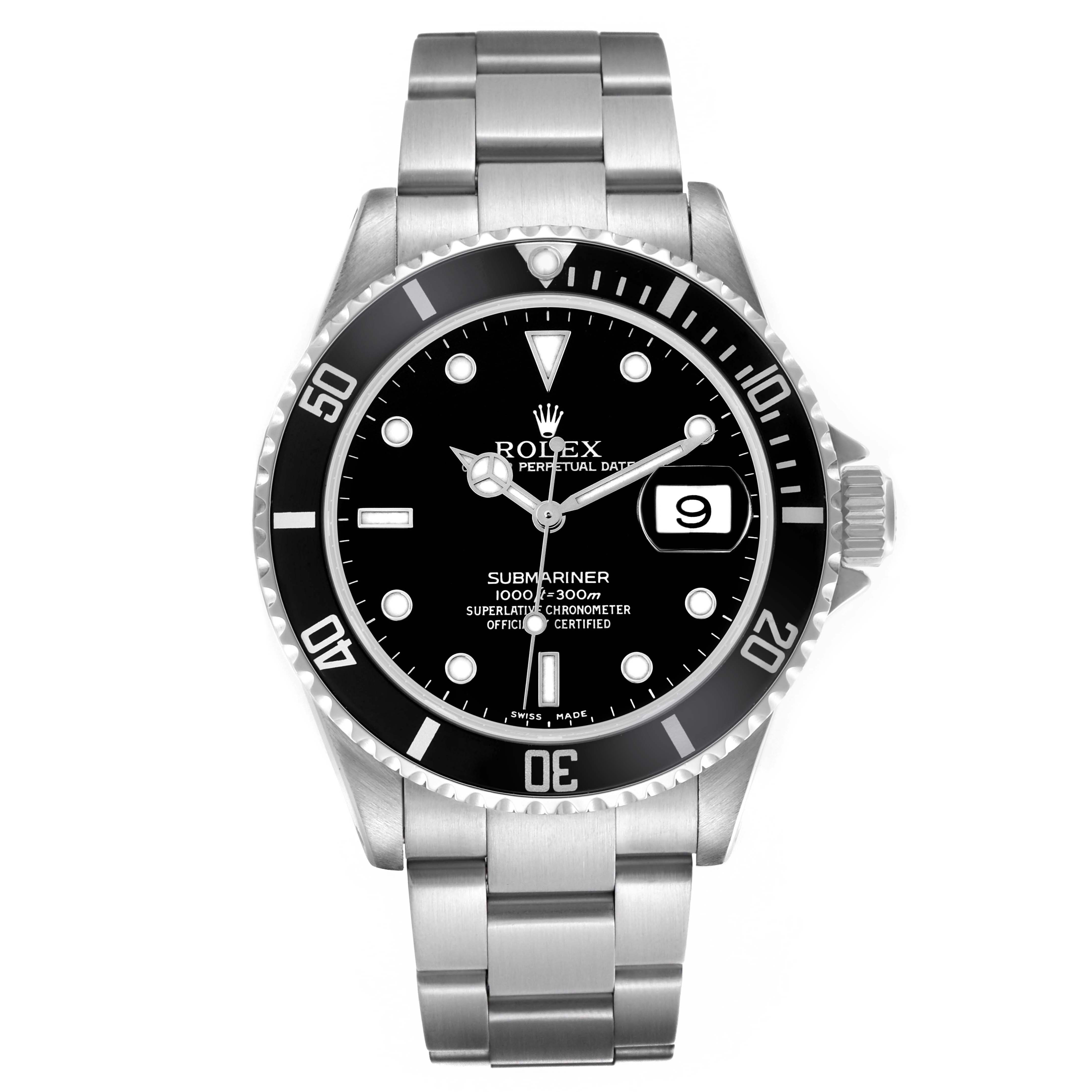 The Rolex Submariner 16610 Men's Stainless Steel Black Dial 16610 Men's Stainless Steel Black Dial watch is shown from the front, displaying the dial, bezel, crown, and stainless steel bracelet.