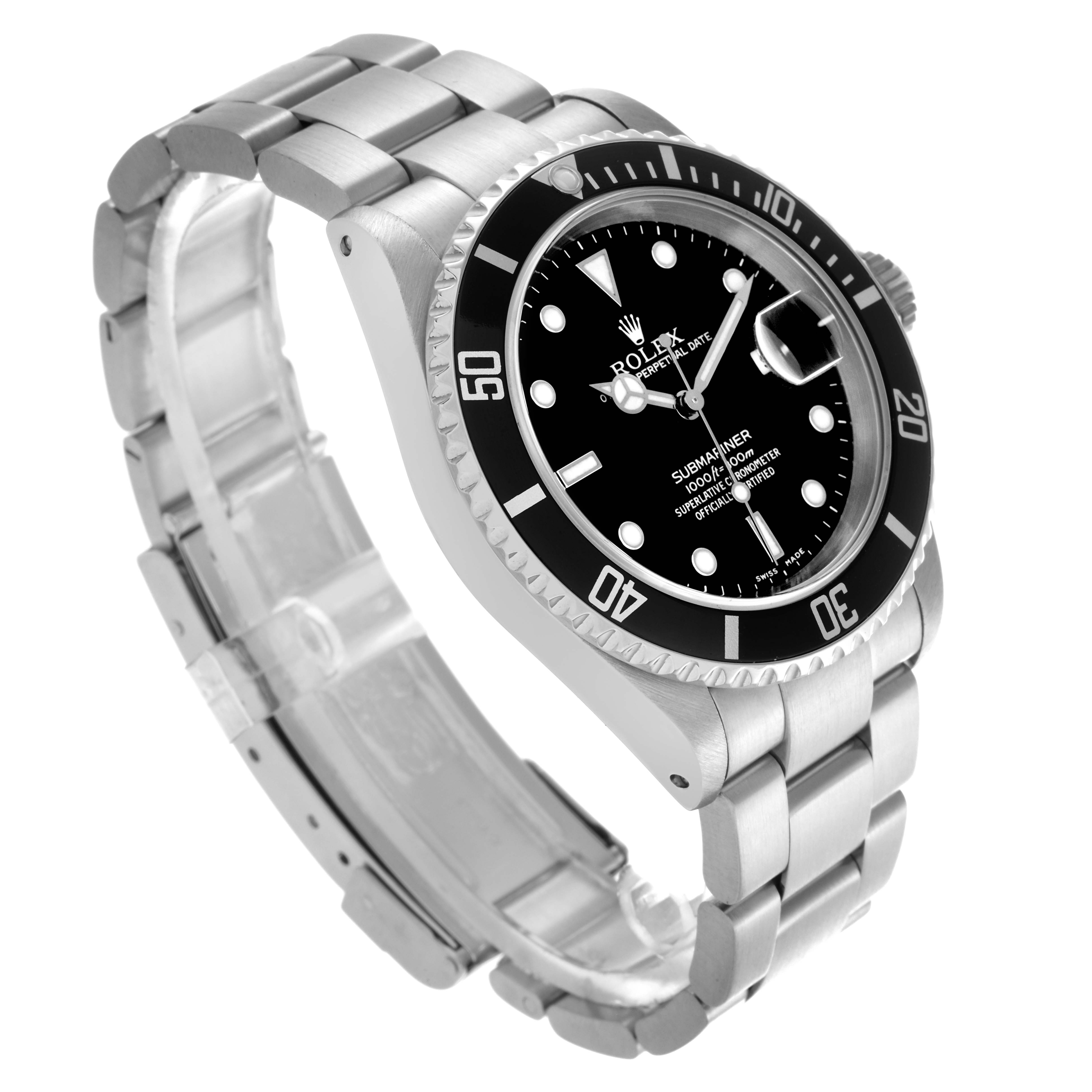 The Rolex Submariner 16610 Men's Stainless Steel Black Dial 16610 Men's Stainless Steel Black Dial watch is shown at an angle showcasing its face, bezel, and stainless steel bracelet.