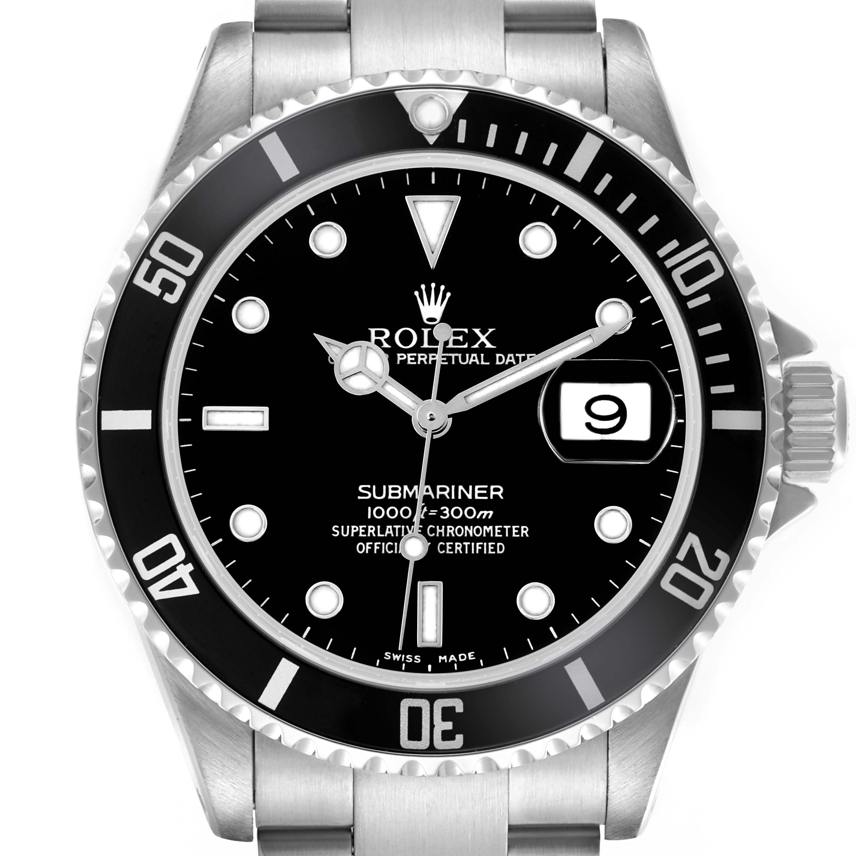 The image shows a front view of the Rolex Submariner 16610 Men's Stainless Steel Black Dial 16610 Men's Stainless Steel Black Dial watch, displaying its dial, bezel, and bracelet.