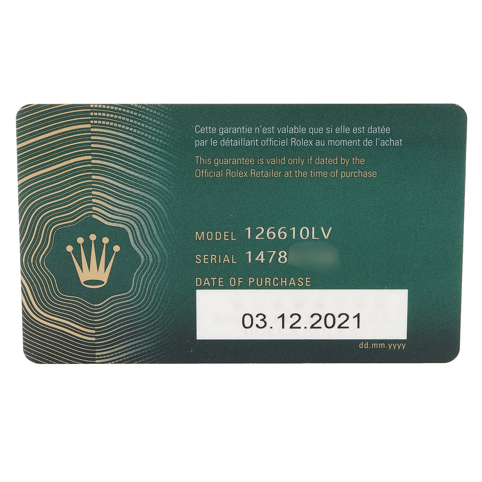 This image shows the guarantee card for a Rolex Submariner 126610LV Men's Stainless Steel Black Dial 126610LV Men's Stainless Steel Black Dial model 126610LV with a purchase date of 03.12.2021.