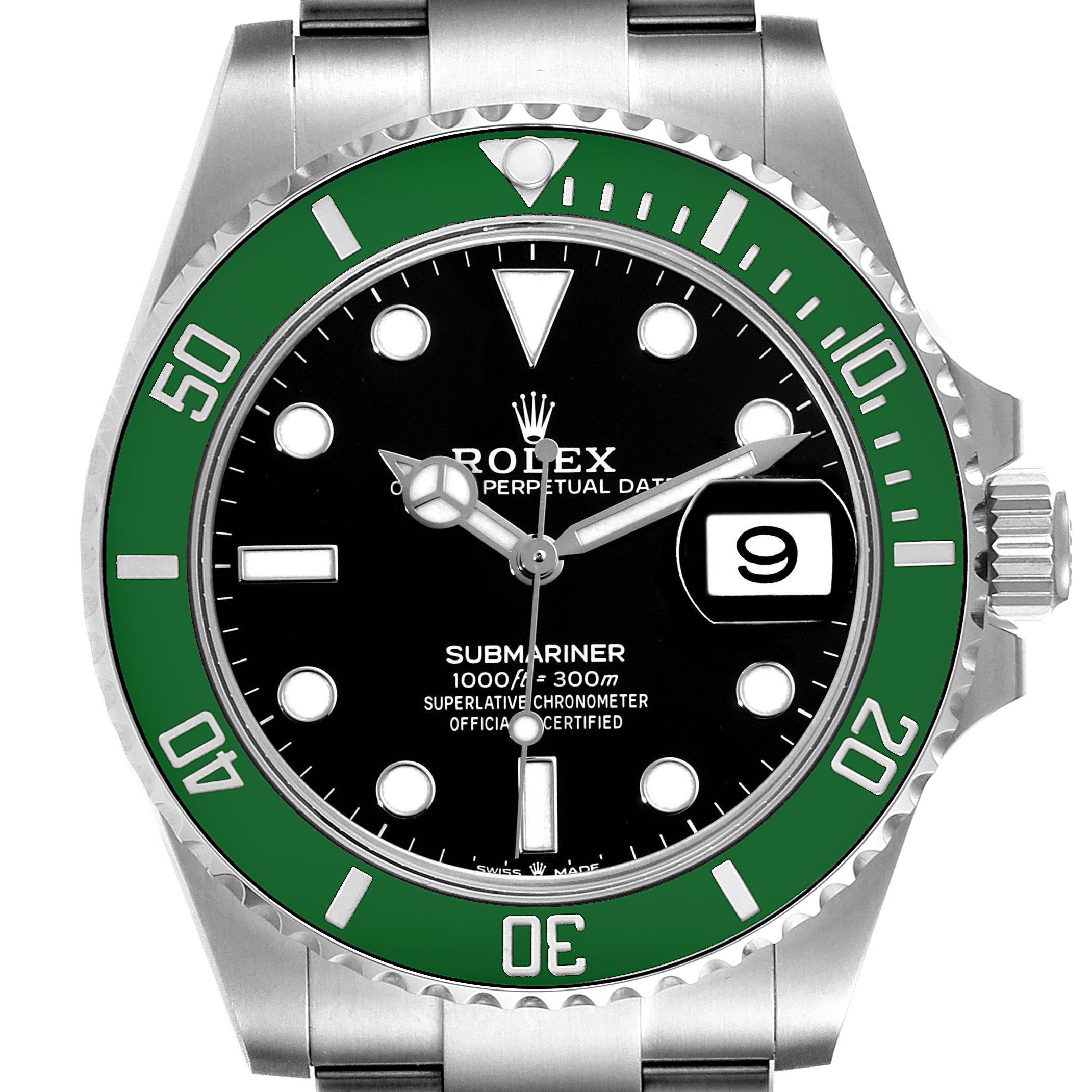 This image shows the Rolex Submariner 126610LV Men's Stainless Steel Black Dial 126610LV Men's Stainless Steel Black Dial watch from a front view, displaying the dial, bezel, crown, and part of the bracelet.