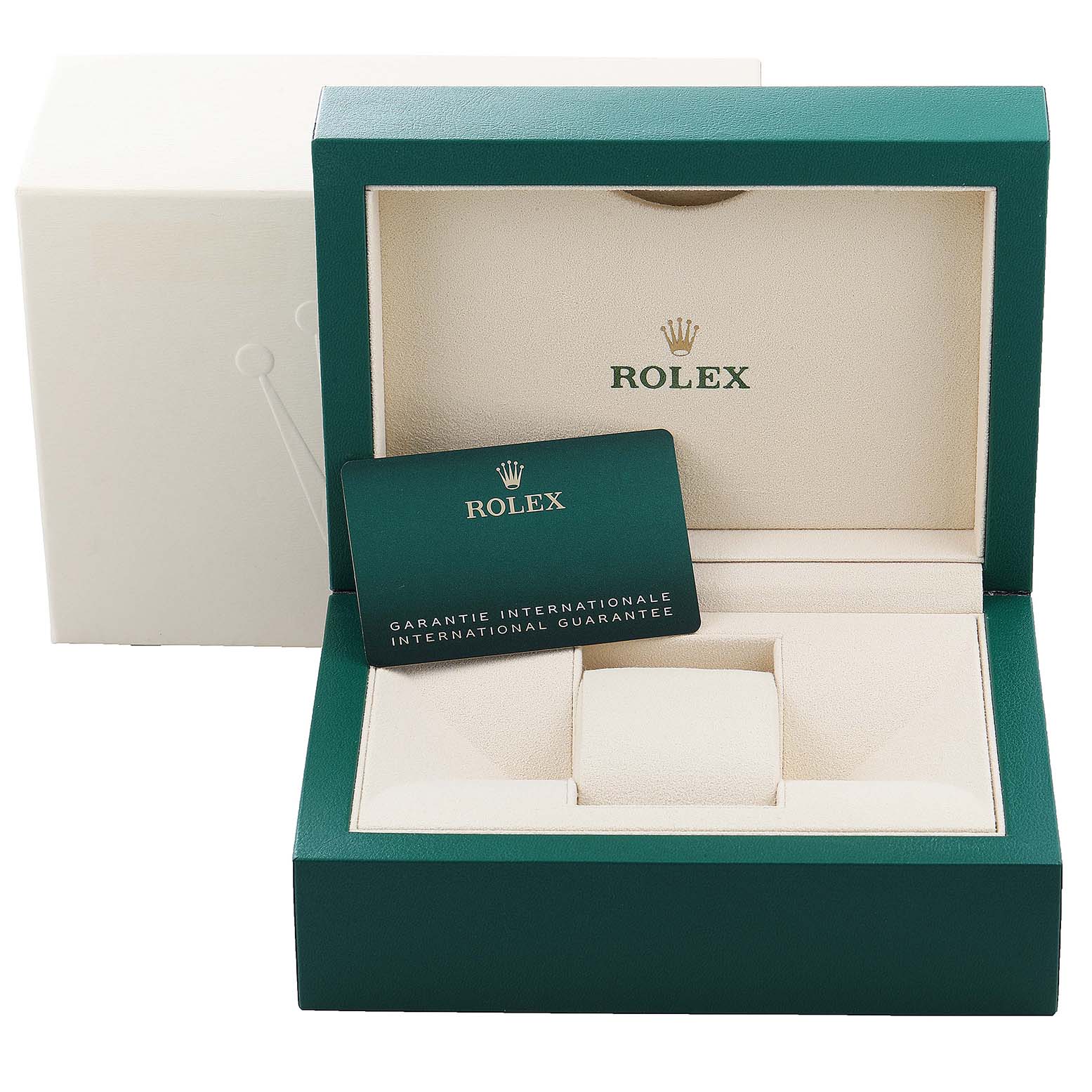 The image shows a Rolex Submariner 126610LV Men's Stainless Steel Black Dial 126610LV Men's Stainless Steel Black Dial watch box and international guarantee card from a front angle.