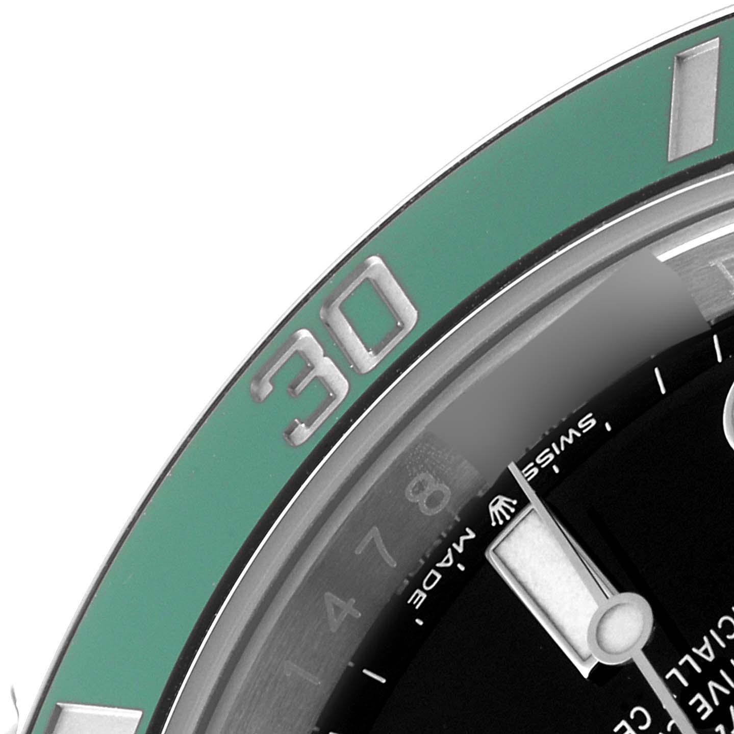 This is a close-up of the bezel and dial of a Rolex Submariner 126610LV Men's Stainless Steel Black Dial 126610LV Men's Stainless Steel Black Dial watch, showing the "30" mark and part of the minute hand.