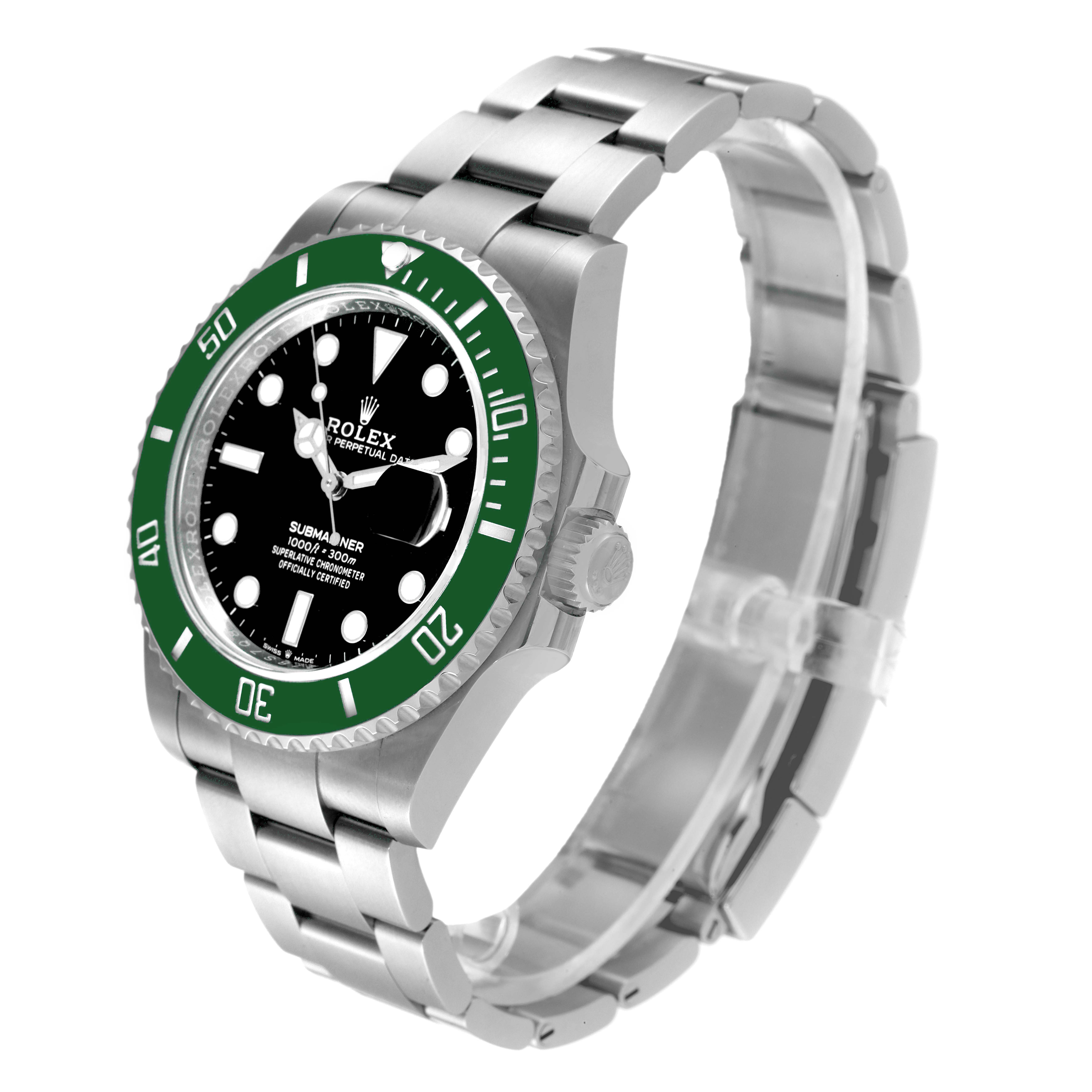 The Rolex Submariner 126610LV Men's Stainless Steel Black Dial 126610LV Men's Stainless Steel Black Dial watch is shown at an angled side view, highlighting the bezel, dial, crown, and metal bracelet.