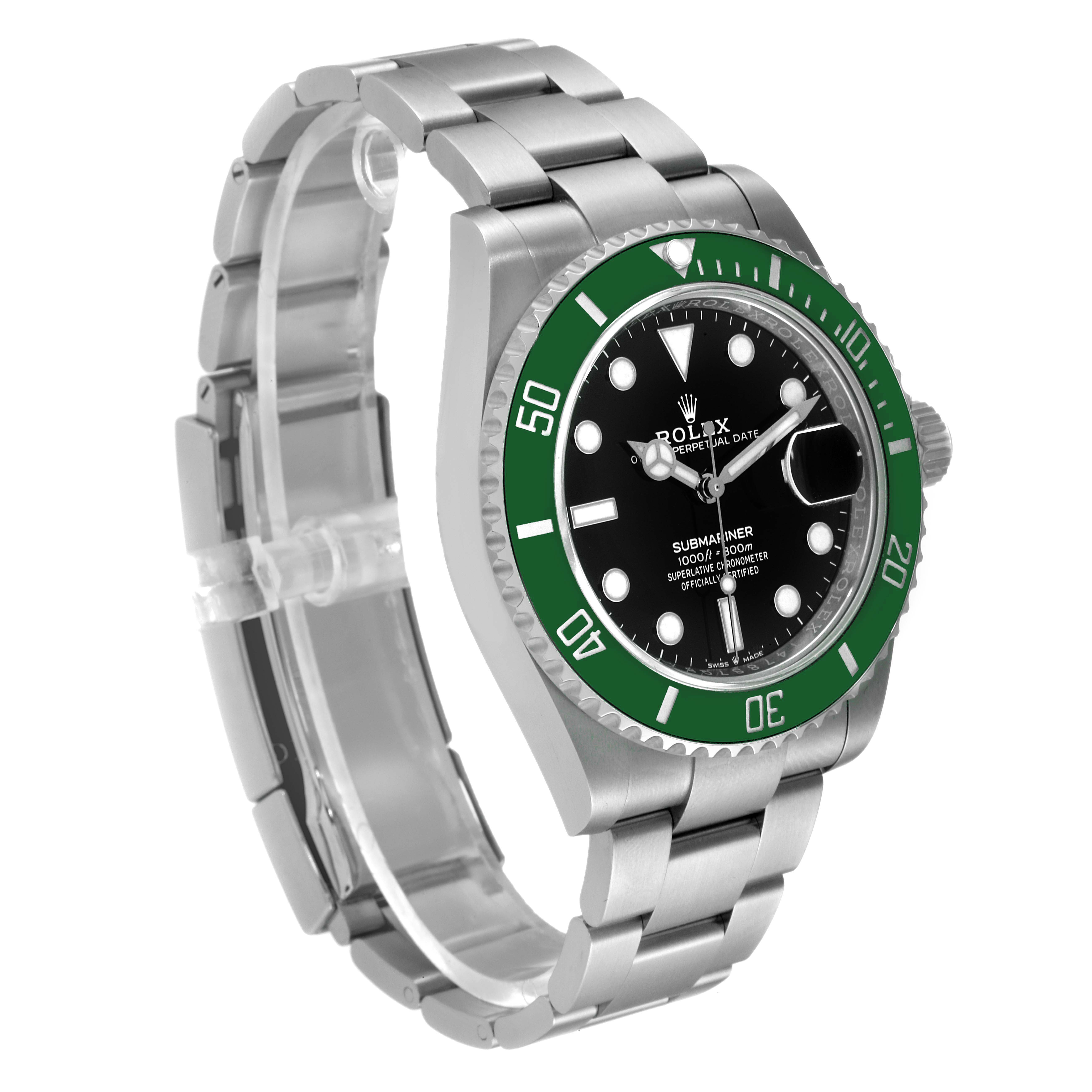 The Rolex Submariner 126610LV Men's Stainless Steel Black Dial 126610LV Men's Stainless Steel Black Dial watch is shown at an angled view, displaying the face, bezel, case, and metal bracelet.