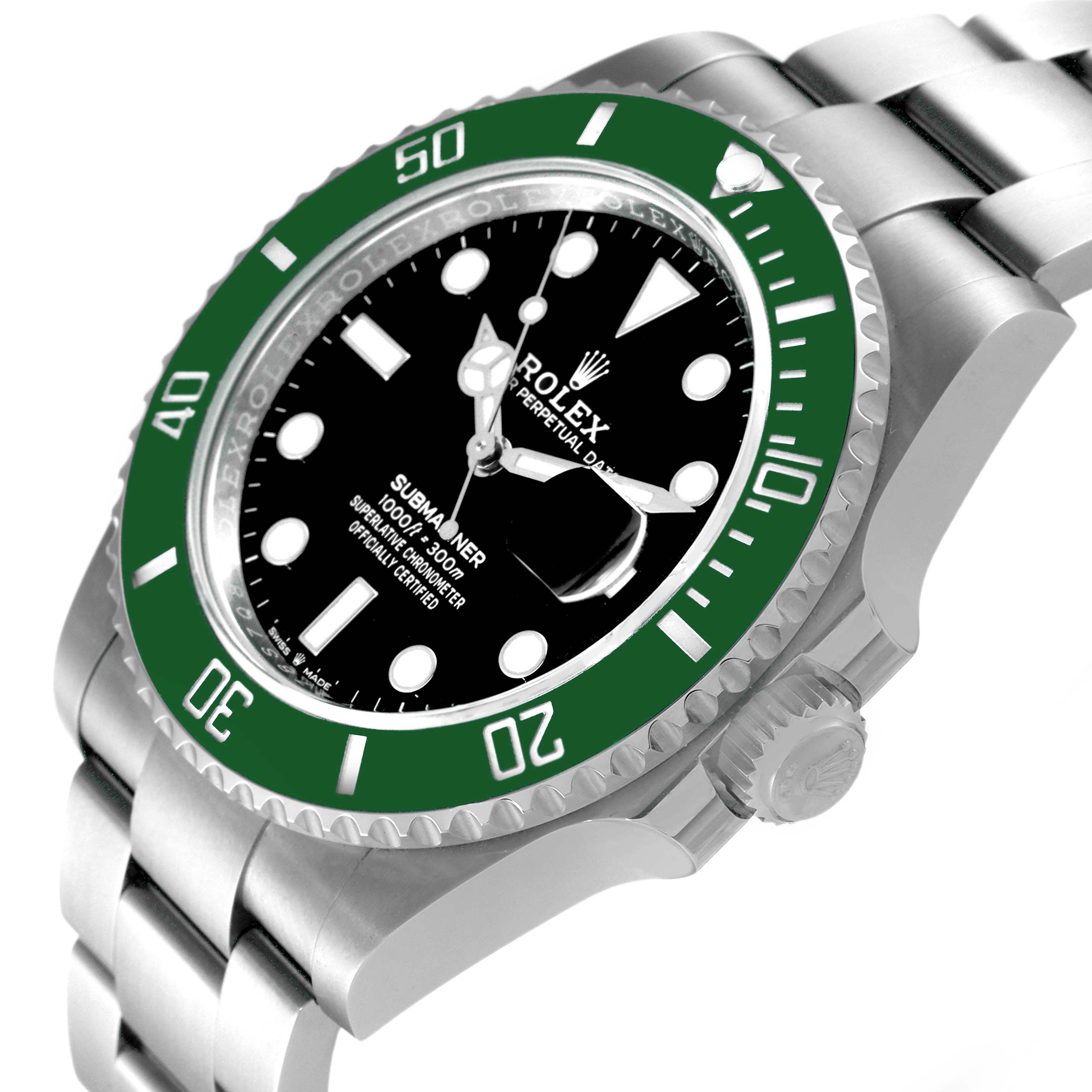 The image shows the Rolex Submariner 126610LV Men's Stainless Steel Black Dial 126610LV Men's Stainless Steel Black Dial watch from an angled side view, highlighting the bezel, dial, crown, and part of the bracelet.