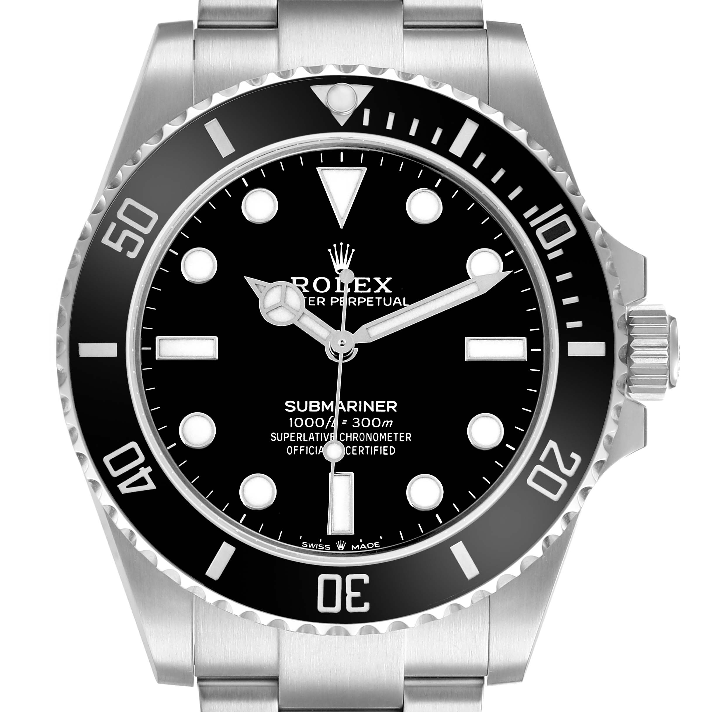 The Rolex Submariner 124060 Men's Stainless Steel Black Dial watch is shown head-on, displaying the bezel, dial, hands, indices, and crown.