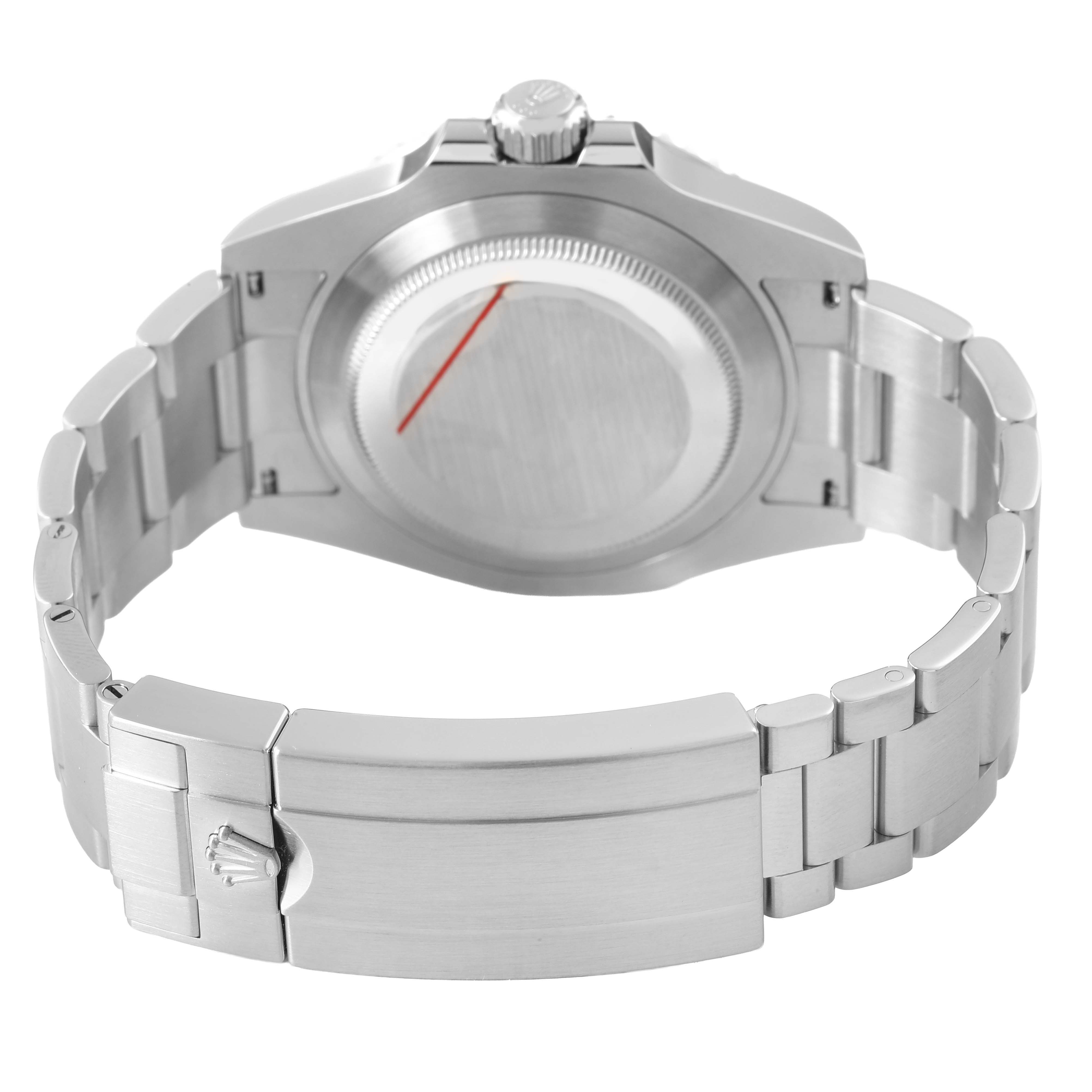 The image shows the back view of the Rolex Submariner 124060 Men's Stainless Steel Black Dial, featuring the case back, crown, and bracelet clasp.