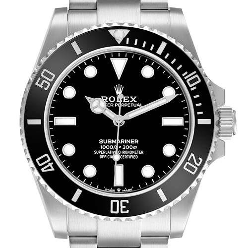 The image shows a front view of the Rolex Submariner 124060 Men's Stainless Steel Black Dial watch, highlighting its dial, bezel, and crown.
