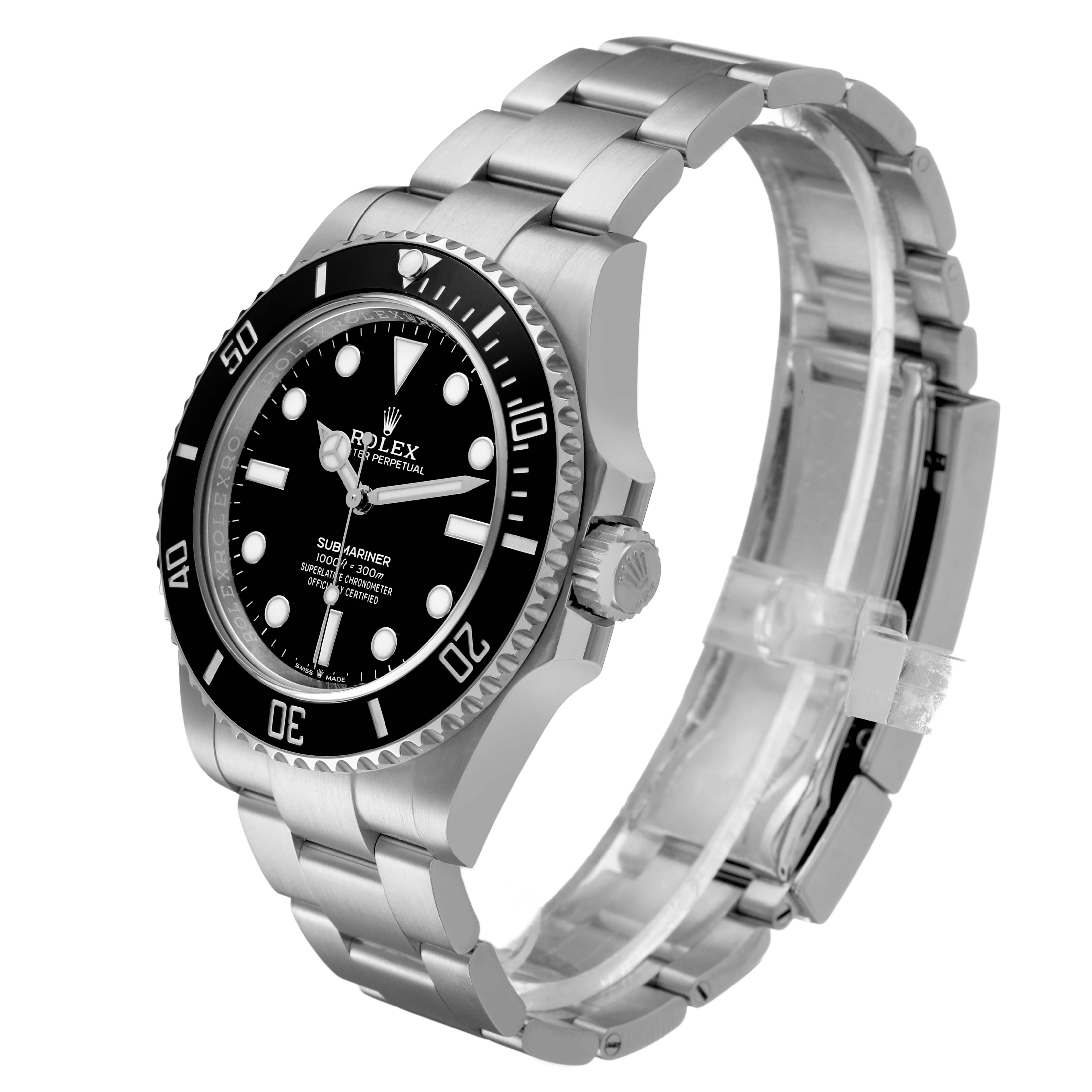The Rolex Submariner 124060 Men's Stainless Steel Black Dial watch is shown at an angled view, displaying the bracelet, bezel, crown, and face.