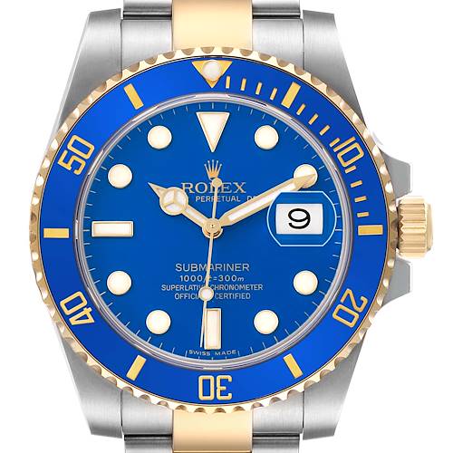 The Rolex Submariner 116613 Men's Steel and Gold (two tone) Blue Dial watch is shown from the front, highlighting the blue dial, bezel, gold accents, and date magnifier.