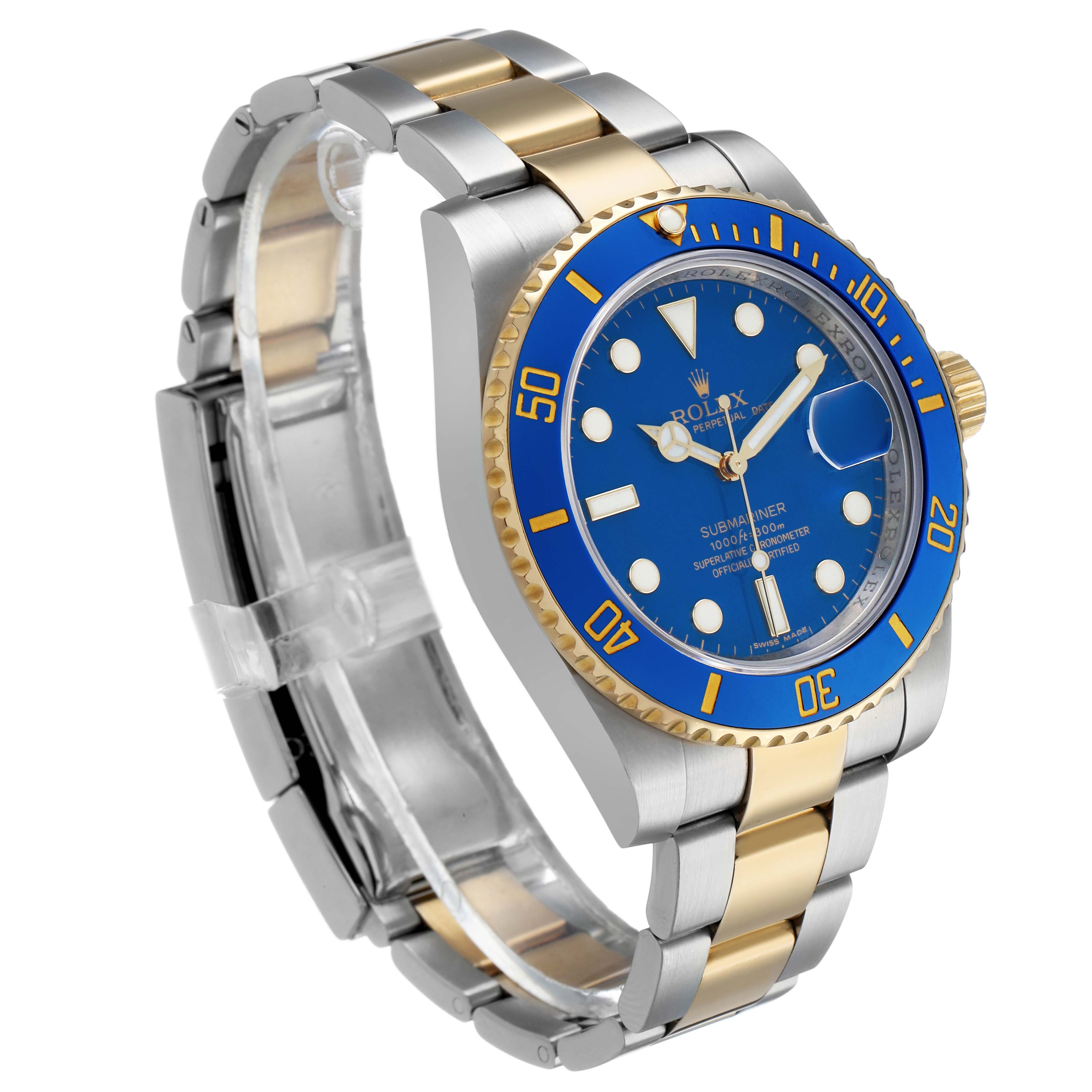 The Rolex Submariner 116613 Men's Steel and Gold (two tone) Blue Dial watch is shown at a slight angled front view, highlighting the bezel, dial, and bracelet.