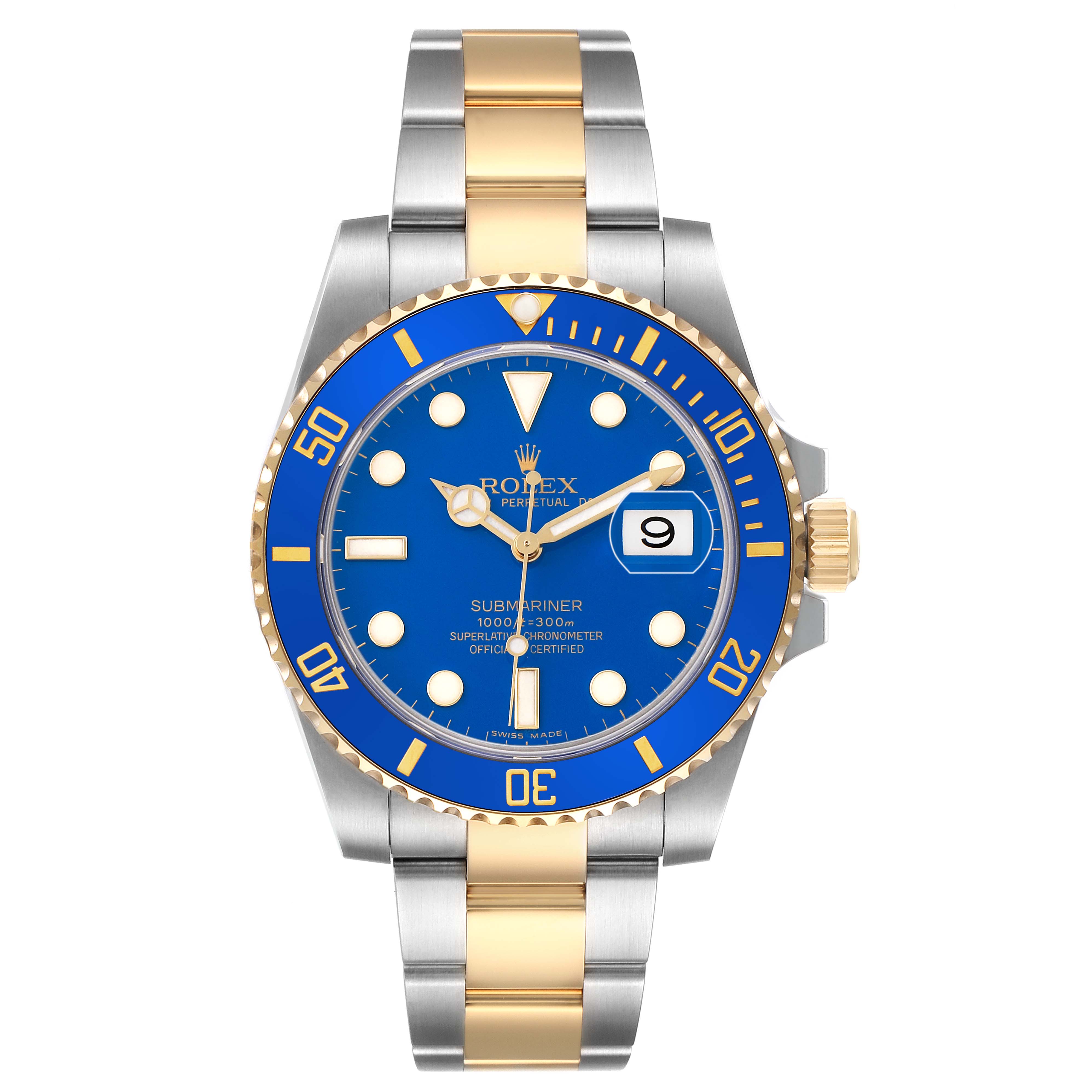 The Rolex Submariner 116613 Men's Steel and Gold (two tone) Blue Dial watch is shown from the front, highlighting the blue dial, bezel, and two-tone bracelet.